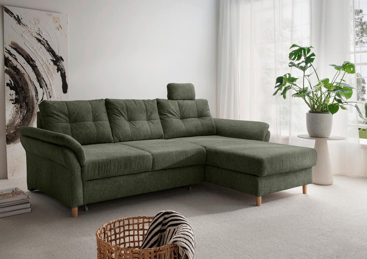 ECKSOFA in Chenille Dunkelgrün  - Dunkelgrün/Naturfarben, Modern, Holz/Textil (250/176cm) - Livetastic