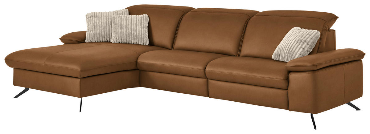 ECKSOFA  Echtleder Cognac  - Cognac/Schwarz, Design, Leder/Metall (169/307cm) - Beldomo Premium