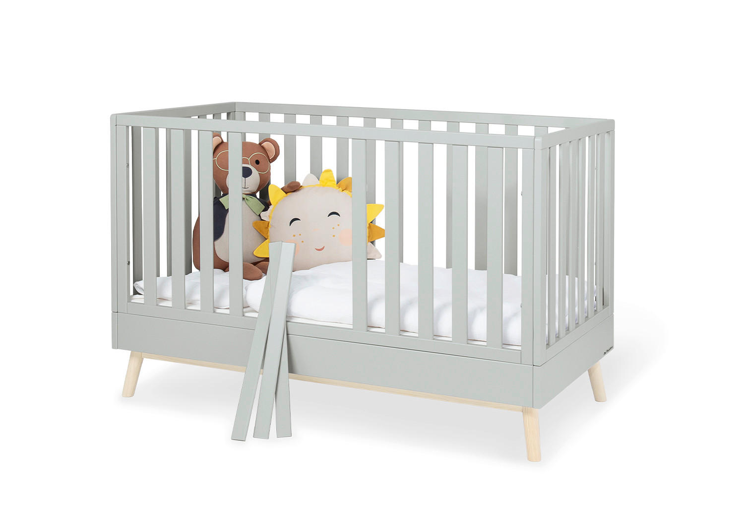 Thumbnail - Pinolino Gitterbett Dusk, Hellgrau, Holz, Kiefer, 76x93x145 cm, Lattenrost inklusive, Schlupfsprossen, Babymöbel, Babybe...