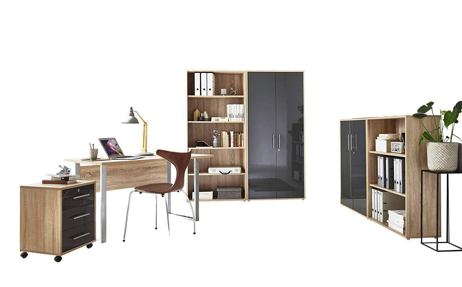 BÜRO erweiterbar, abschließbar Sonoma Eiche, Anthrazit Hochglanz - Anthrazit Hochglanz/Sonoma Eiche, MODERN, Holzwerkstoff/Metall - MID.YOU