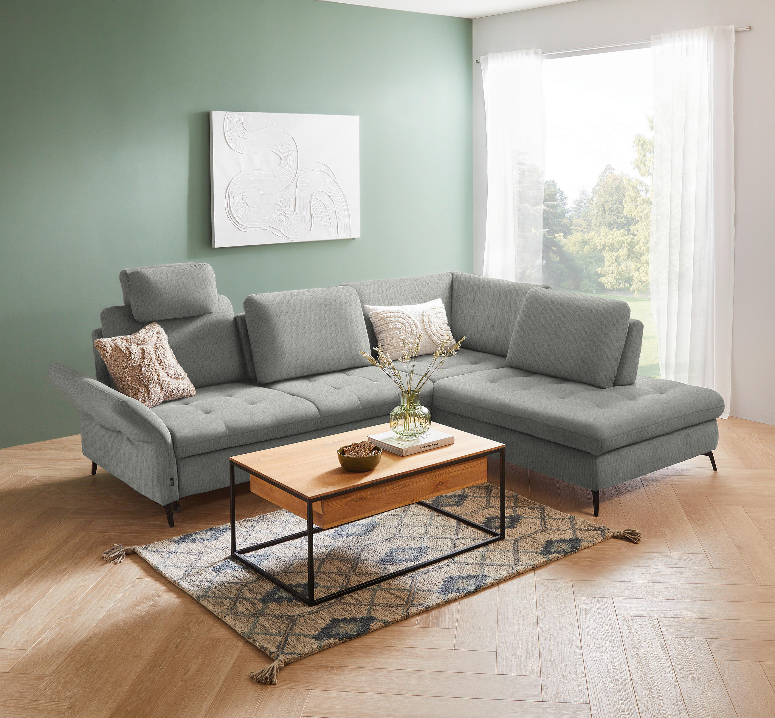 ECKSOFA in Chenille Hellgrau  - Hellgrau/Schwarz, Natur, Textil/Metall (288/233cm) - Valnatura