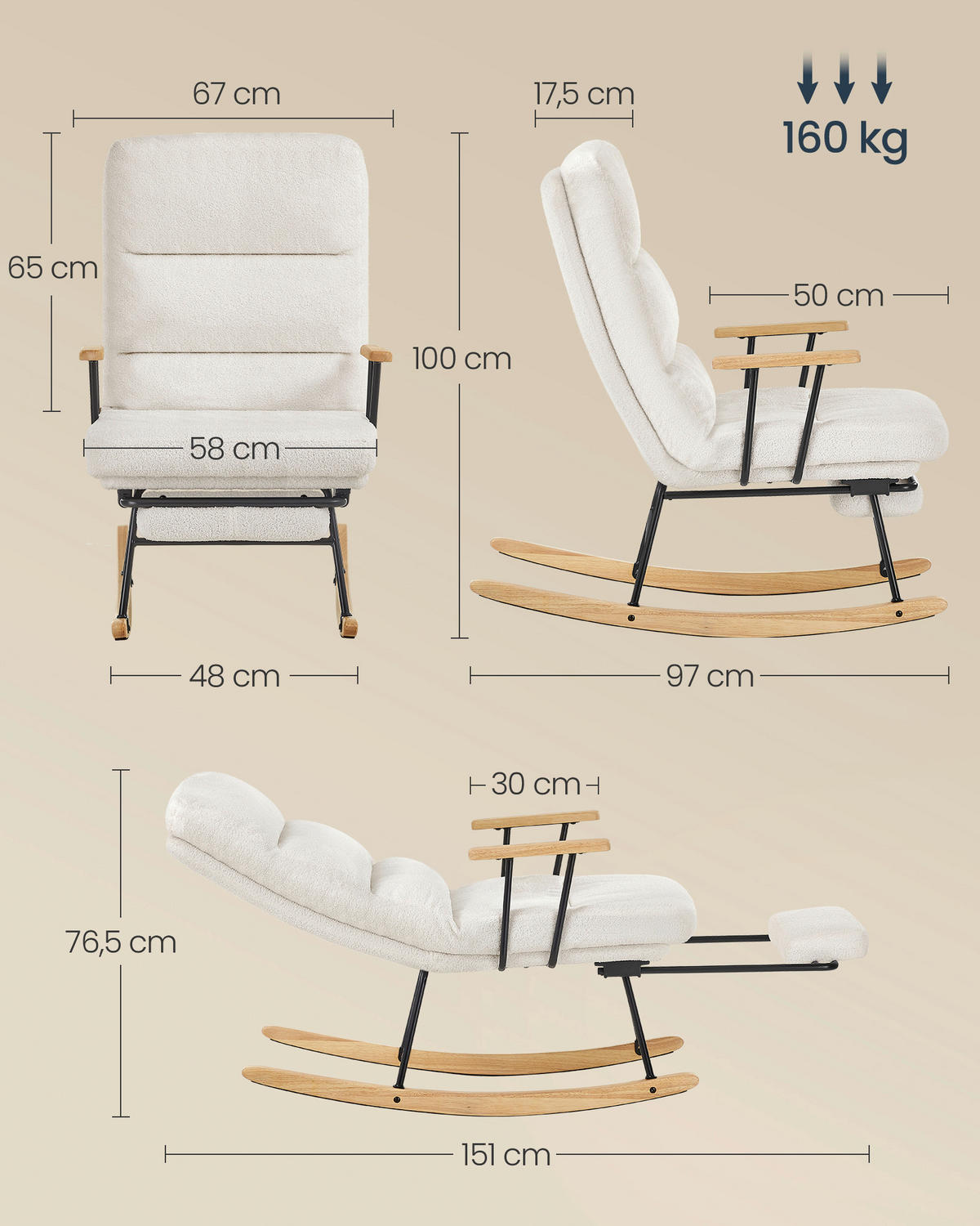 SCHAUKELSTUHL in Velours Creme  - Eichefarben/Creme, Basics, Holzwerkstoff/Textil (67/100/97cm)