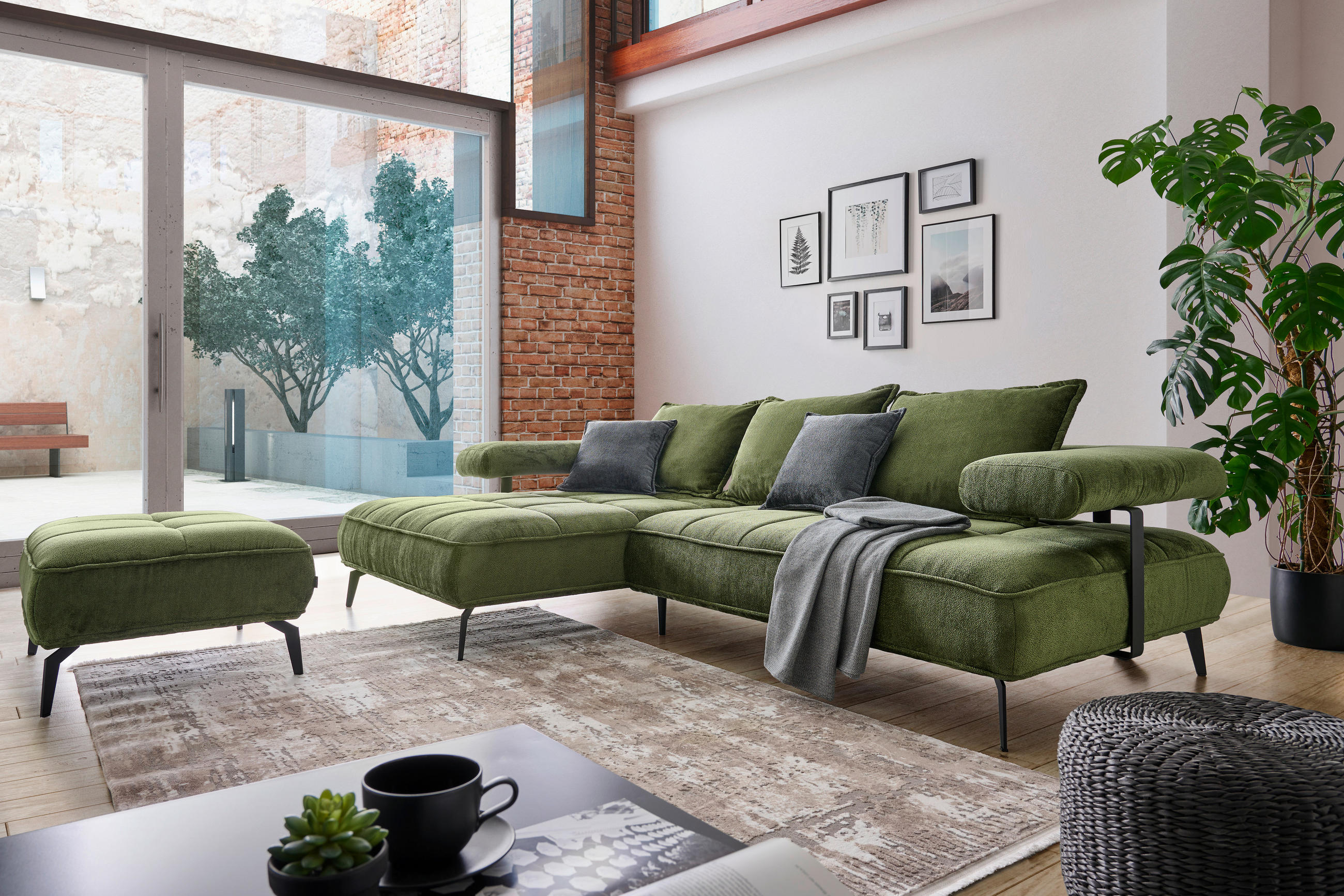 ECKSOFA Olivgrün Webstoff  - Schwarz/Olivgrün, Design, Textil/Metall (180/266cm) - Welnova