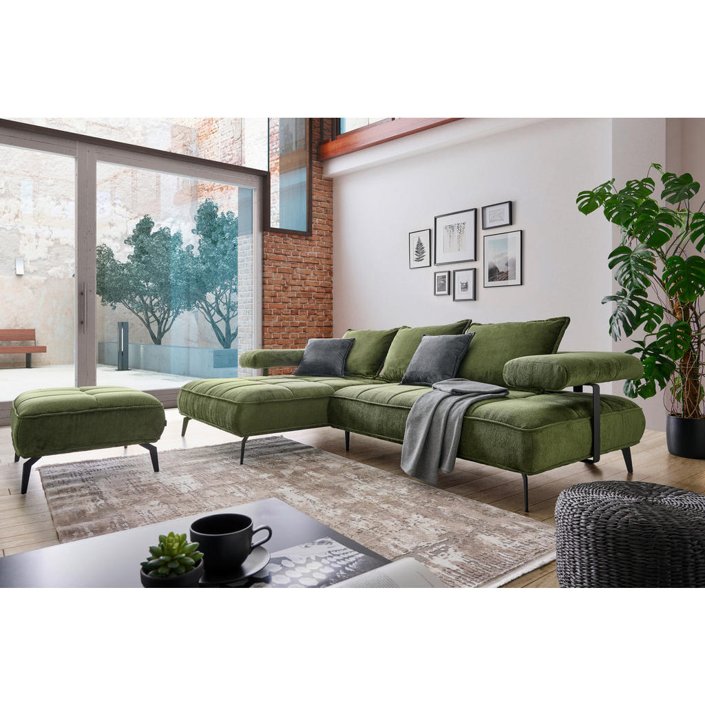 Thumbnail - Welnova Ecksofa, Olivgrün, Textil, Uni, 3-Sitzer, Füllung: Schaumstoff, Ottomane links, L-Form, 266x180 cm, Made in EU, ...