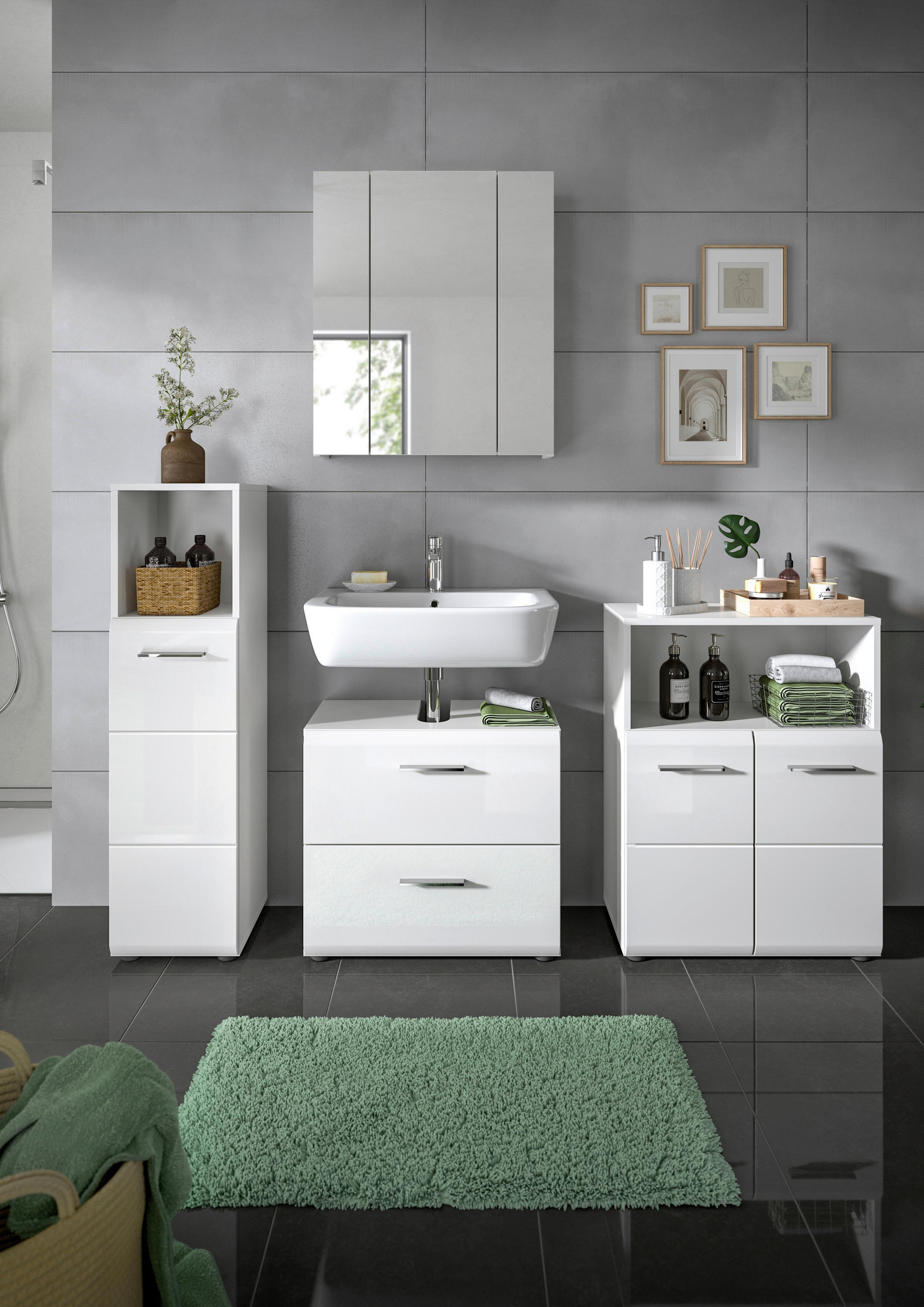 BADEZIMMER 4-teilig  in 150 cm  - Weiß Hochglanz/Silberfarben, MODERN, Glas/Holzwerkstoff (150cm) - MID.YOU