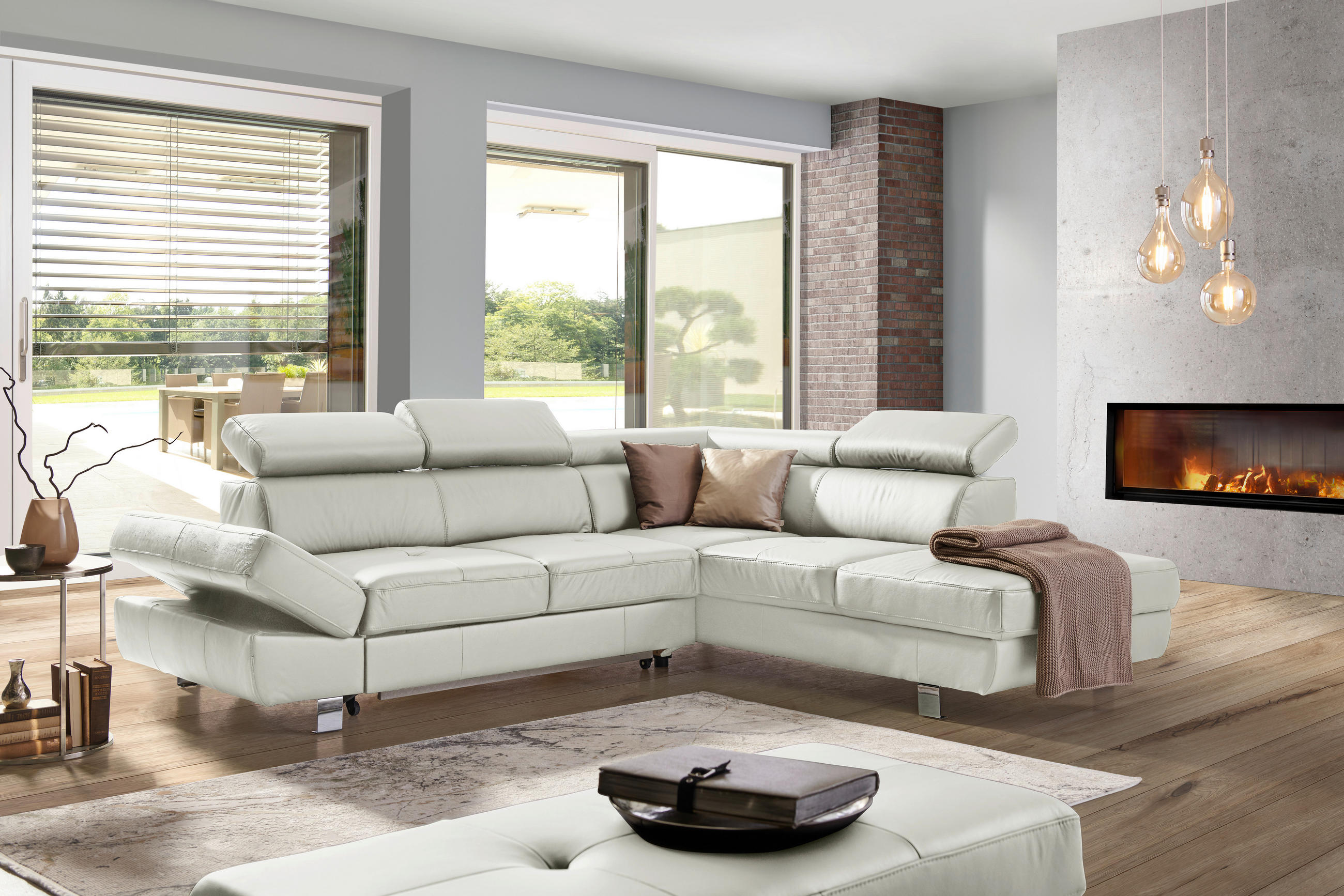 ECKSOFA in Lederlook Kombination Echtleder/Lederlook Grau  - Chromfarben/Grau, Design, Leder/Textil (265/212cm) - Stylife