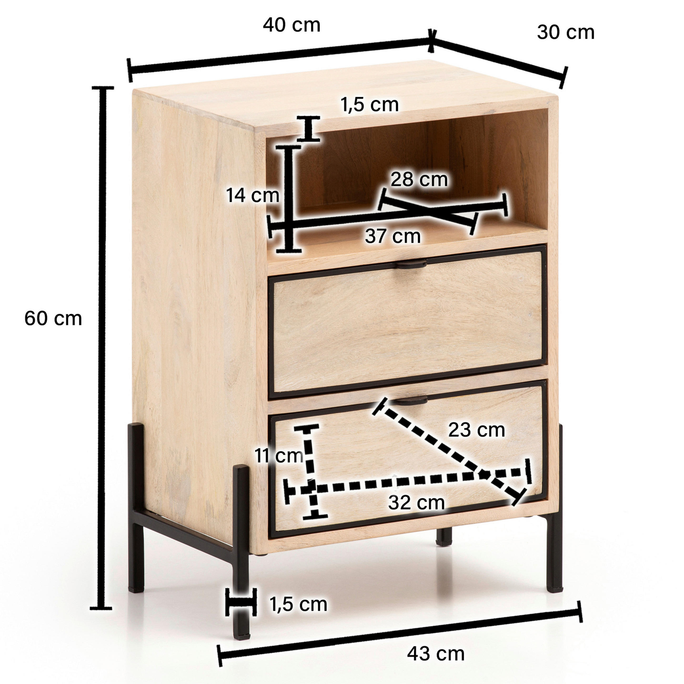 Thumbnail - Mid.you Nachtschrank, Hellbraun, Holz, Mangoholz, massiv, 2 Schublade(n) Schubladen, 43x60x50 cm, Schlafzimmer, Nachttis...