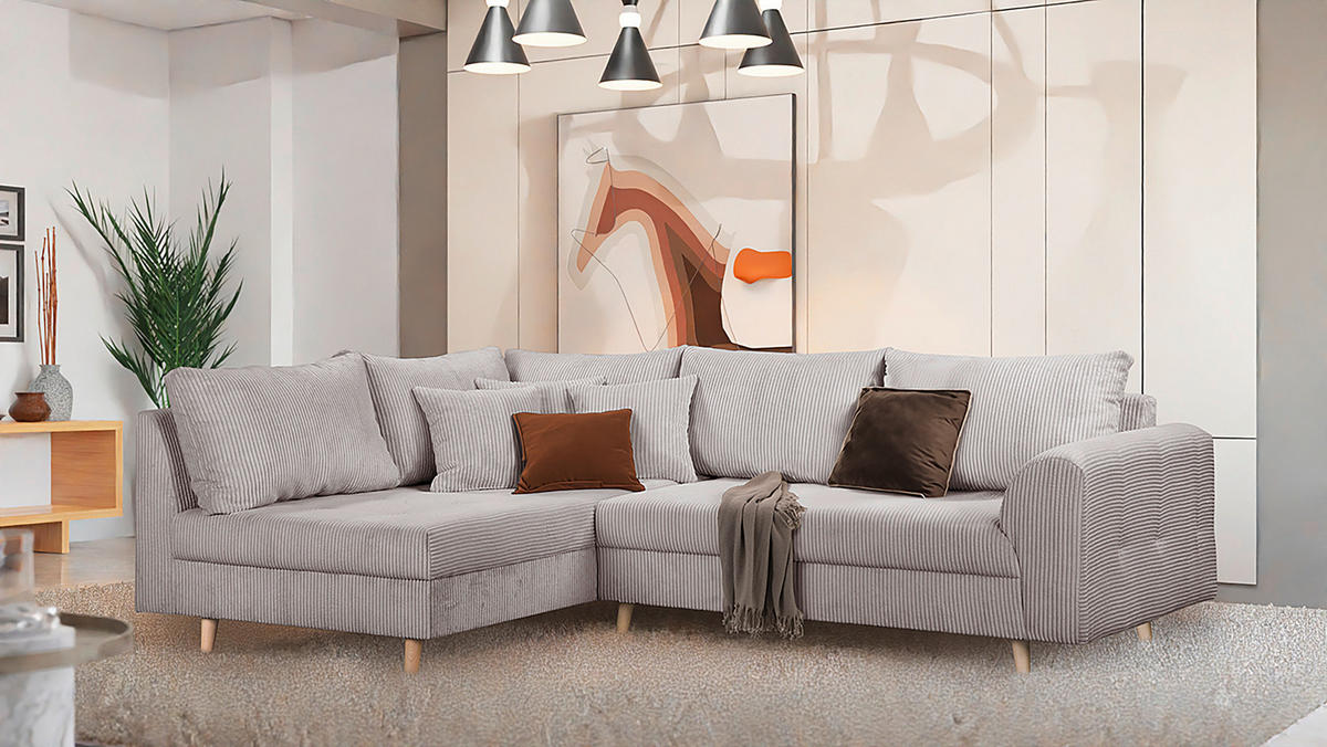 ECKSOFA inkl. Hocker Ariella Grau Cord  - Naturfarben/Grau, Design, Holz/Textil (161/231cm) - Livetastic