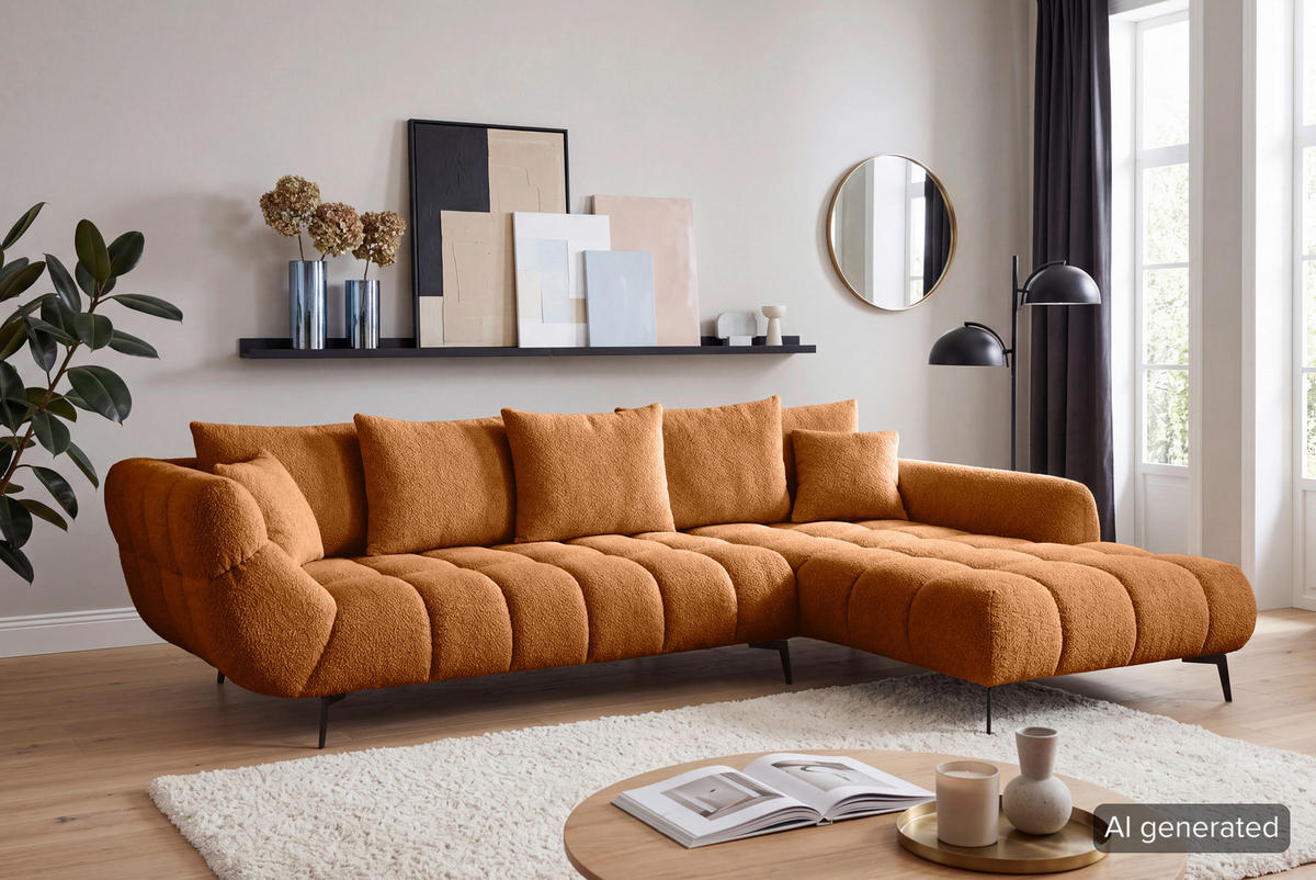 ECKSOFA 318/217 cm  in Bouclé Kupferfarben Zierkissen, Rückenkissen, Rücken echt  318/217 cm  - Schwarz/Kupferfarben, MODERN, Textil/Metall (318/217cm) - Carryhome
