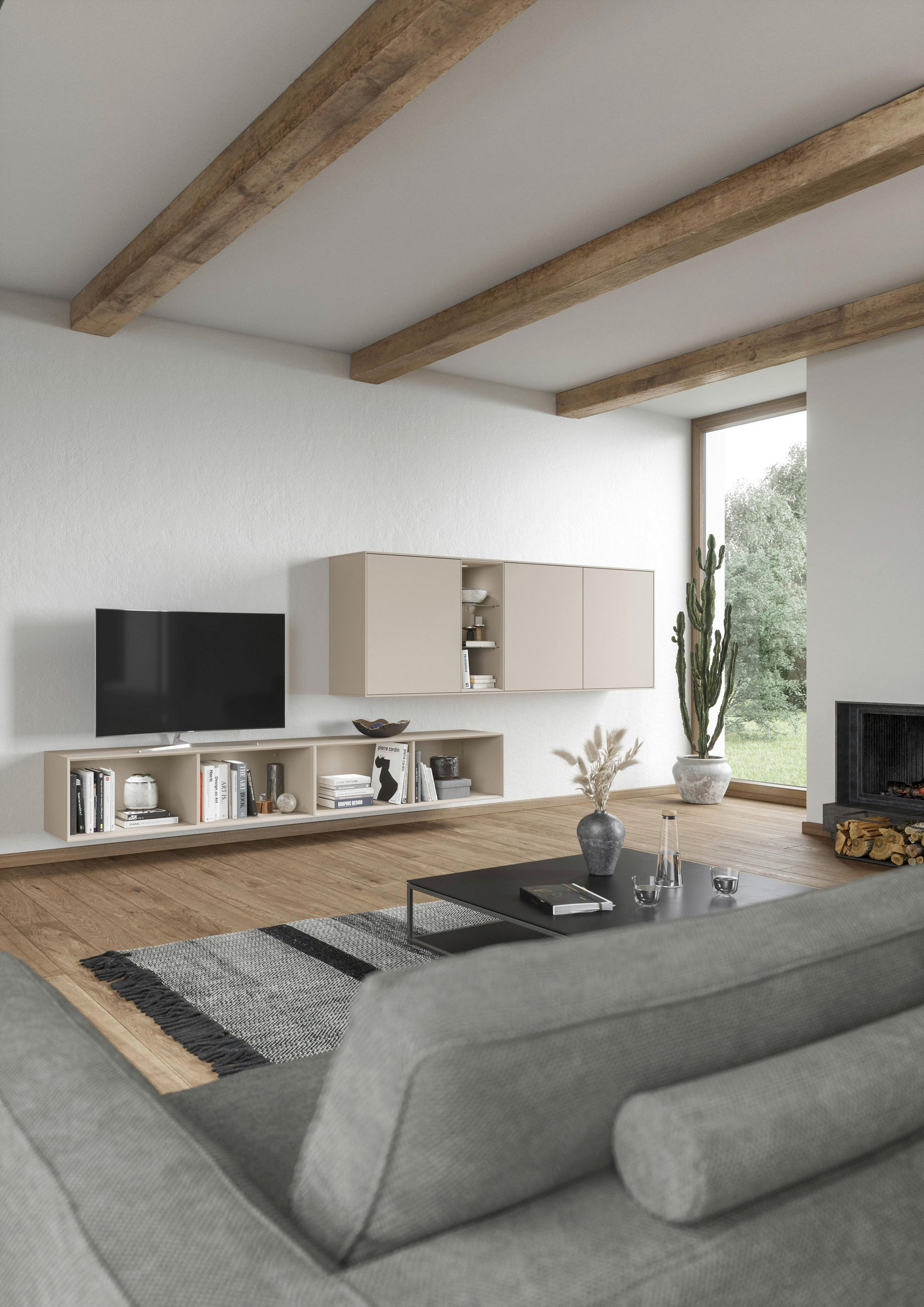WOHNWAND  in Sandfarben  350/150/37,4 cm  - Sandfarben, Design, Glas/Holzwerkstoff (350/150/37,4cm) - Celina Home