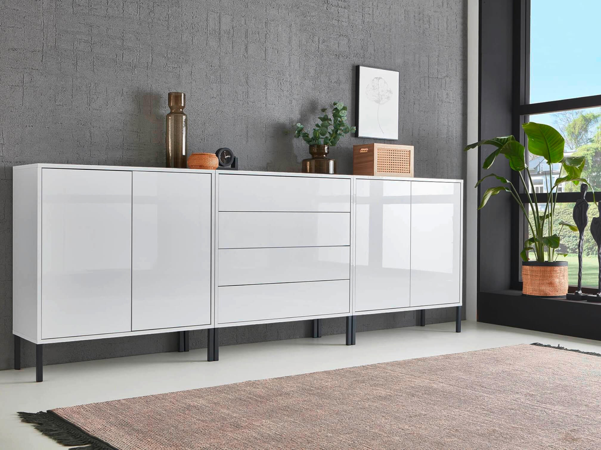 SIDEBOARD Mailand Set 5 + MF  in 237/86/33 cm  - Weiß Hochglanz/Anthrazit, MODERN, Holzwerkstoff/Metall (237/86/33cm) - MID.YOU