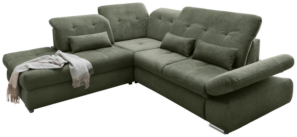 ECKSOFA in Chenille Dunkelgrün  - Chromfarben/Dunkelgrün, Modern, Textil/Metall (254/280cm) - Livetastic