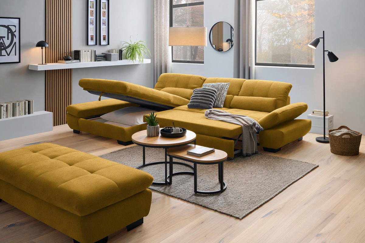 ECKSOFA  in Flachgewebe Gelb  204/341 cm  - Gelb/Schwarz, Design, Textil/Metall (204/341cm) - Xora