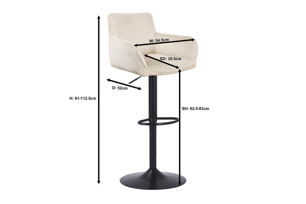 BARHOCKER Cord Schwarz, Beige Eisen Sitzfläche 360° drehbar, inklusive Armlehnen  - Beige/Schwarz, MODERN, Textil/Metall (55/91.5-113/52cm) - Livetastic