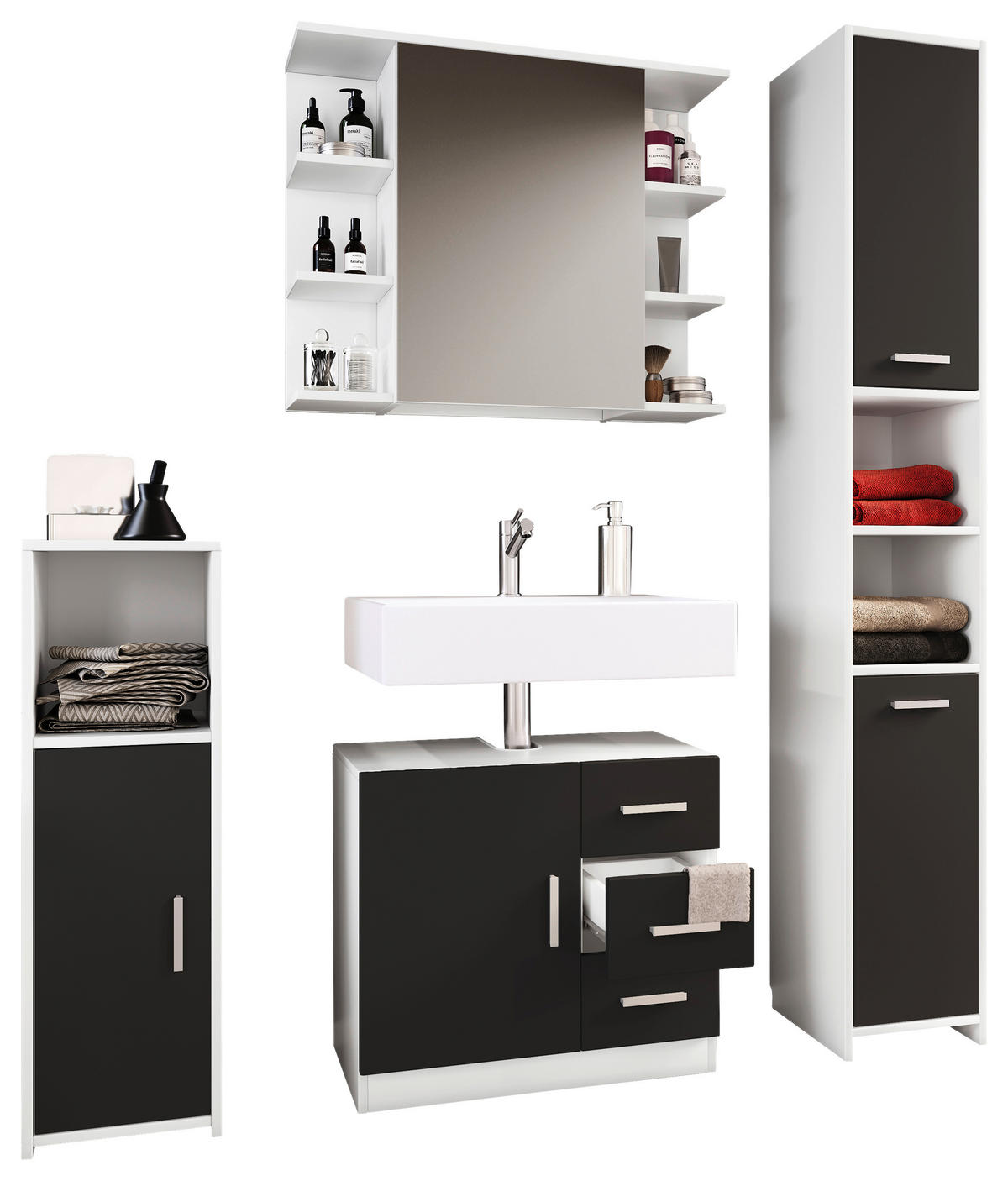 BADEZIMMER 4-teilig  in 140 cm  - Schwarz/Weiß, MODERN, Holzwerkstoff (140cm) - MID.YOU