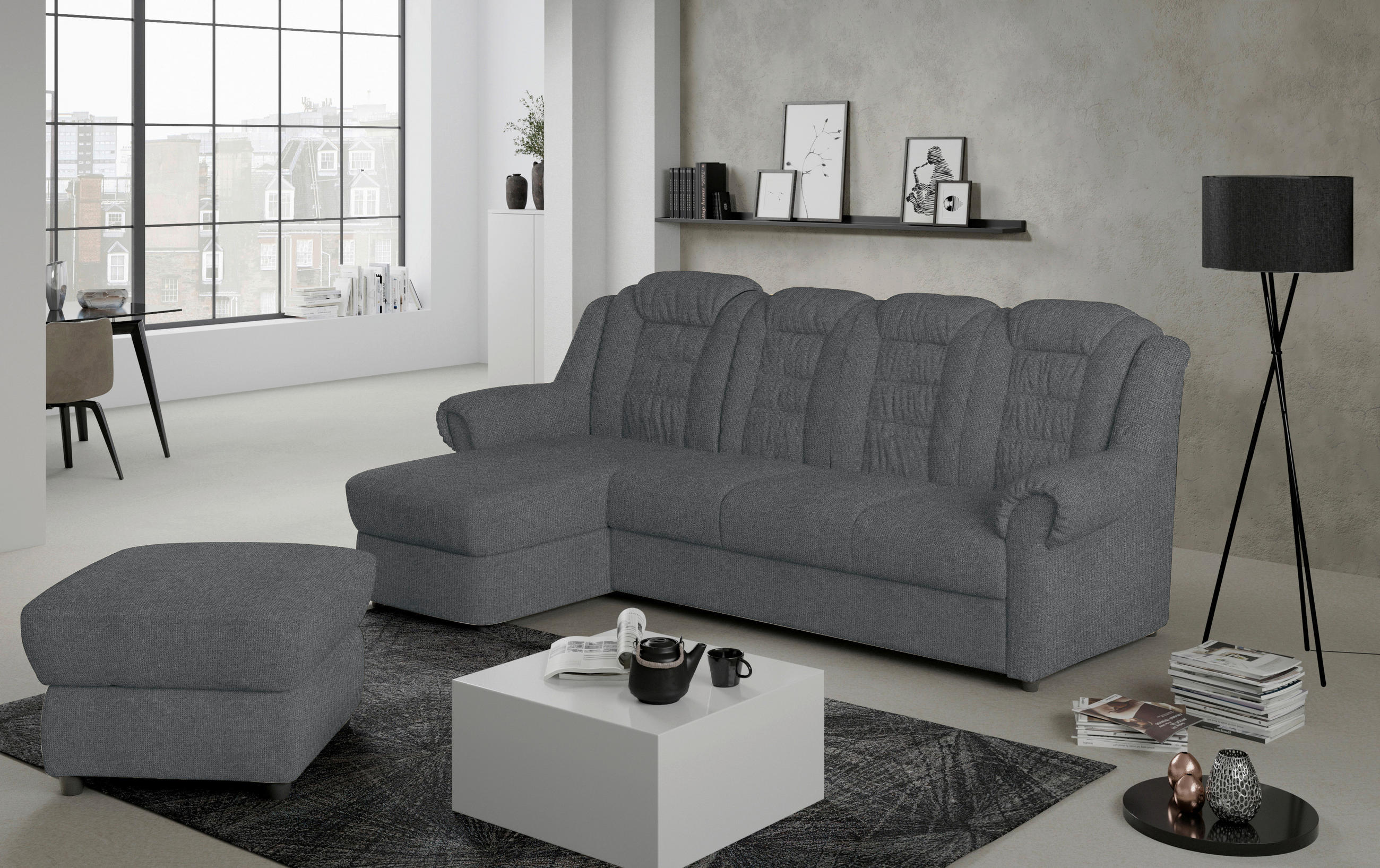 ECKSOFA in Chenille Dunkelgrau - Dunkelgrau/Schwarz, Konventionell, Kunststoff/Textil (165/262cm) - Livetastic