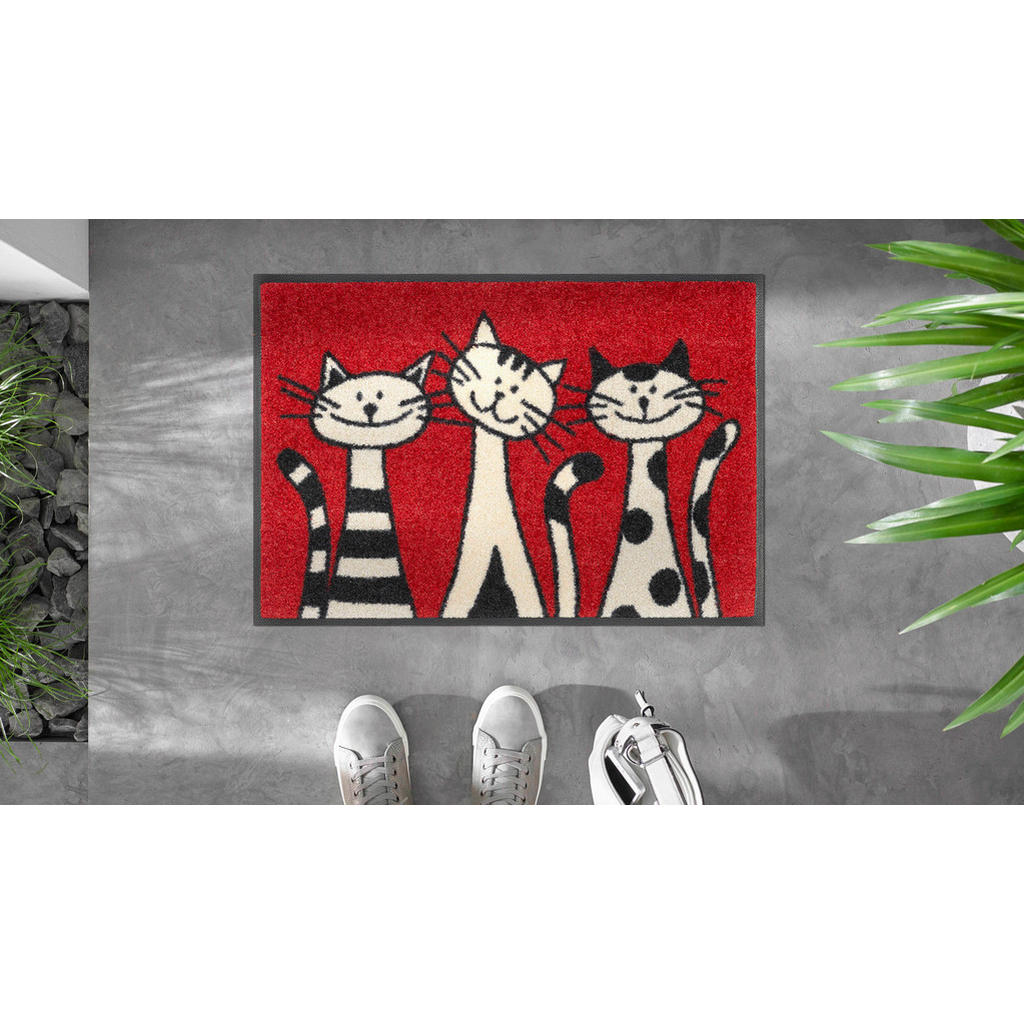 Thumbnail - wash+dry FUßMATTE Three Cats, Rot, Textil, Katze, rechteckig, 40x60 cm, Oeko-Tex® Standard 100, rutschfest, Teppiche & B...