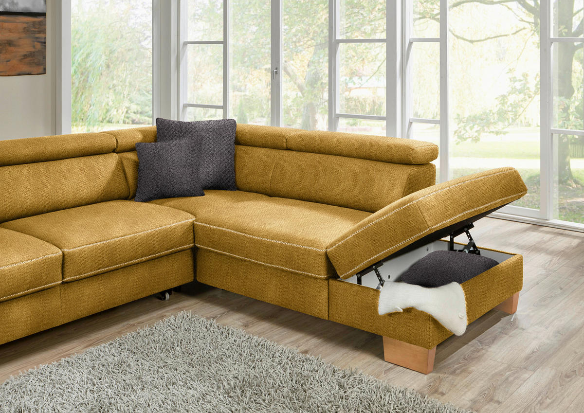 ECKSOFA in Mikrofaser Currygelb  - Currygelb/Eichefarben, Natur, Holz/Textil (226/273cm) - Beldomo System