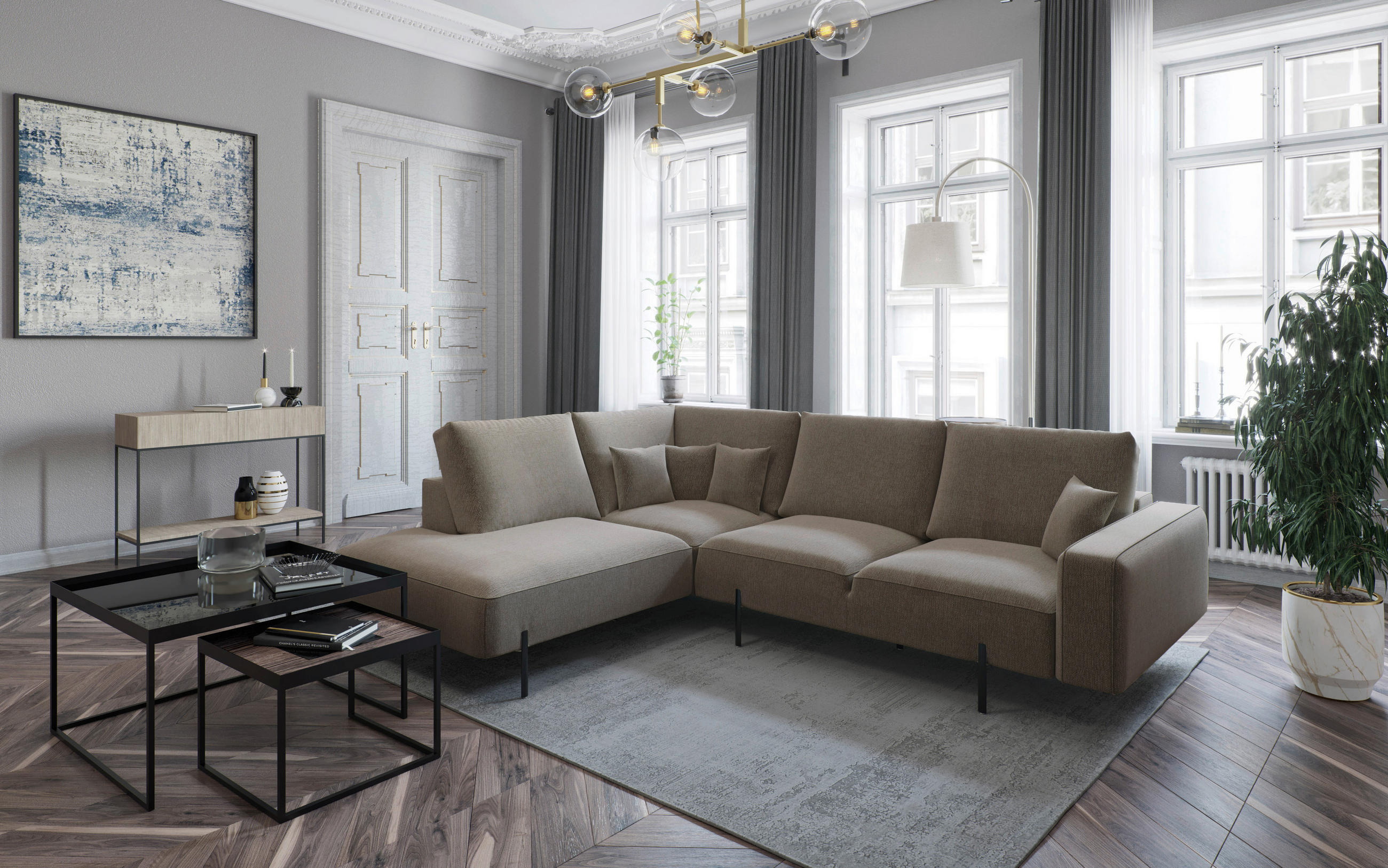 ECKSOFA in Flachgewebe Champagner  223/280/223 cm  - Champagner/Schwarz, Design, Textil/Metall (223/280/223cm) - Livetastic