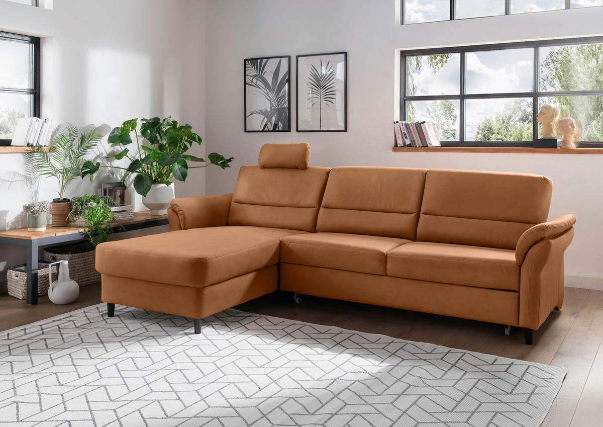 ECKSOFA in Lederlook Cognac  - Cognac/Schwarz, Modern, Holz/Textil (176/279cm) - Livetastic