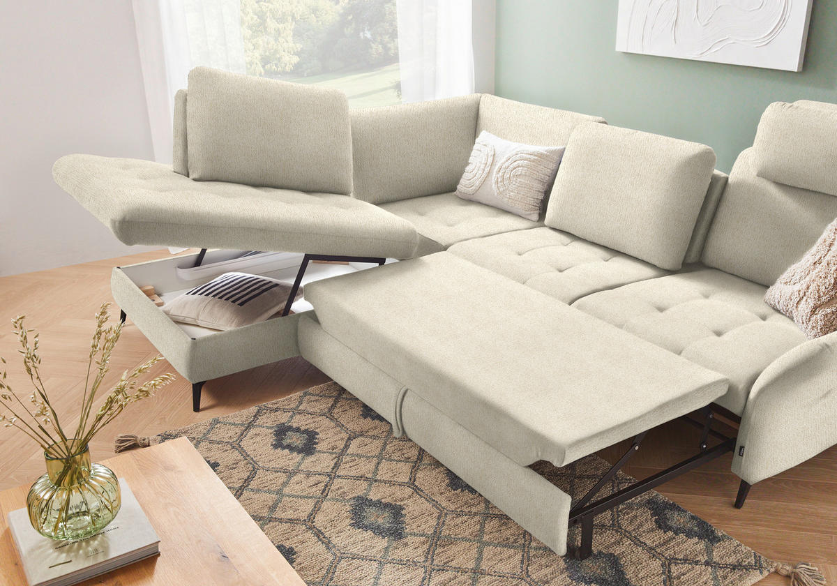 ECKSOFA in Struktur Creme  - Creme/Schwarz, Natur, Textil/Metall (233/288cm) - Valnatura