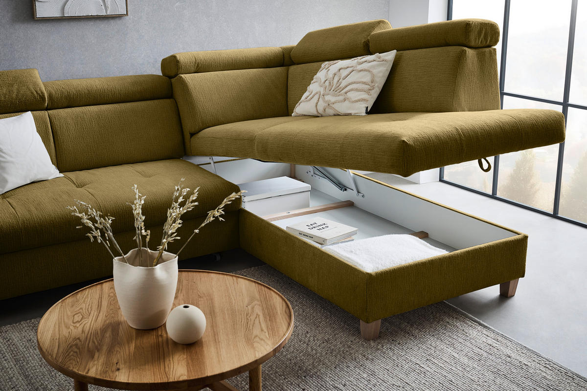 ECKSOFA inkl. Funktionen Olivgrün Samt  - Bronzefarben/Olivgrün, Design, Holz/Textil (261/206cm) - Venda