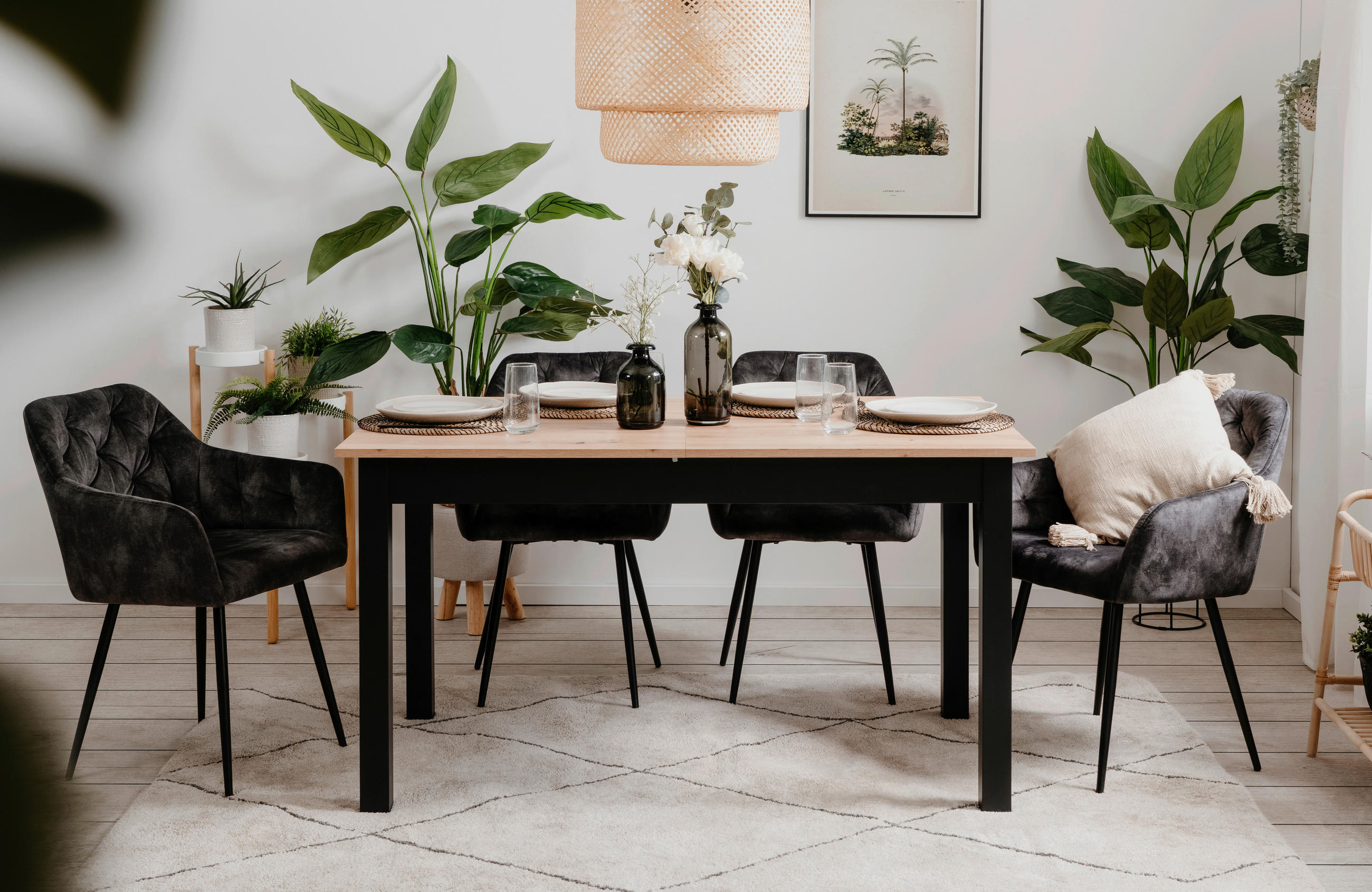 Thumbnail - Mid.you Esstisch, Schwarz, Eiche Artisan, Holzwerkstoff, rechteckig, eckig, 80x76.5x140-180 cm, ausziehbar, Esszimmer, T...