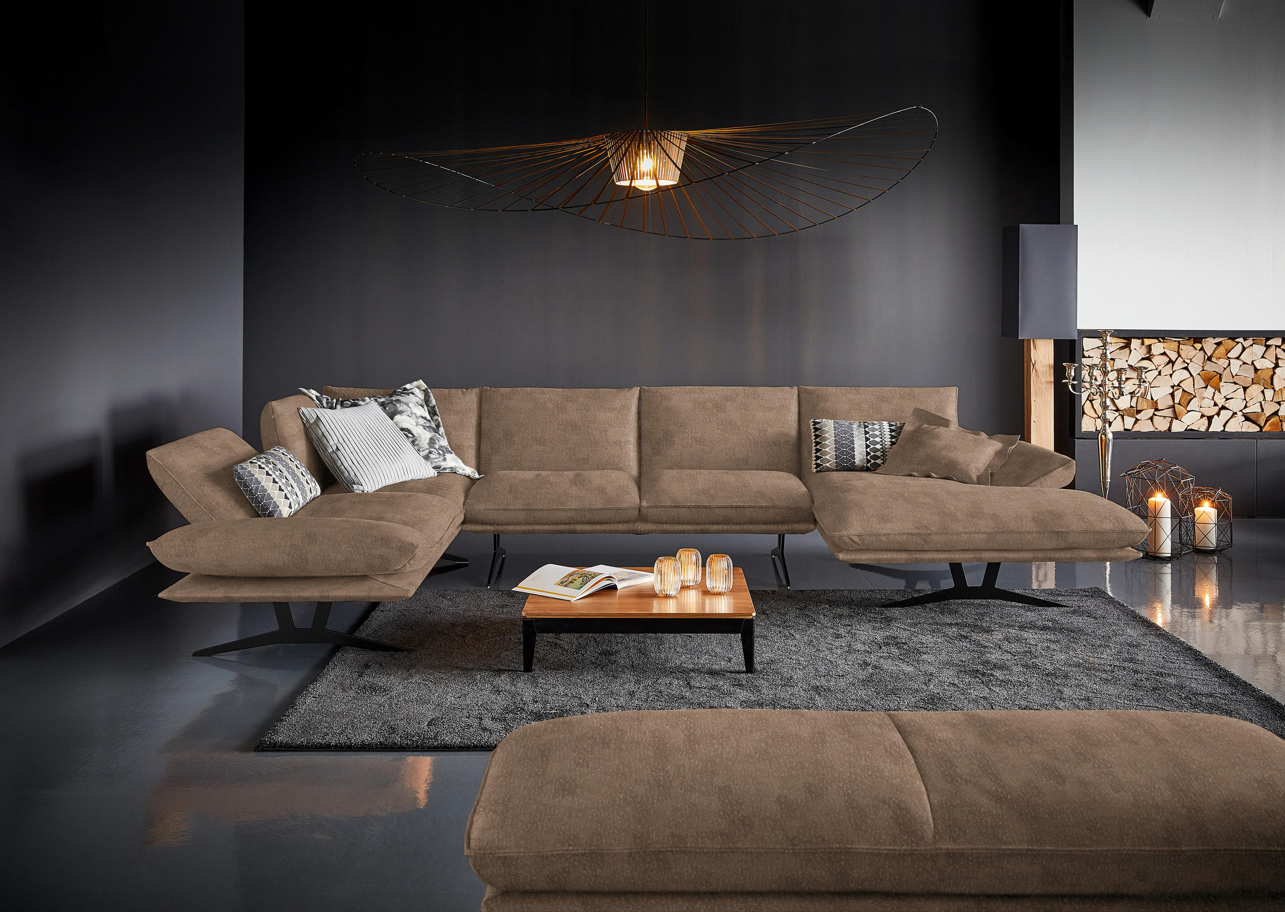 WOHNLANDSCHAFT in Echtleder Greige  - Greige/Schwarz, Natur, Leder/Metall (217/359/155cm) - Dieter Knoll