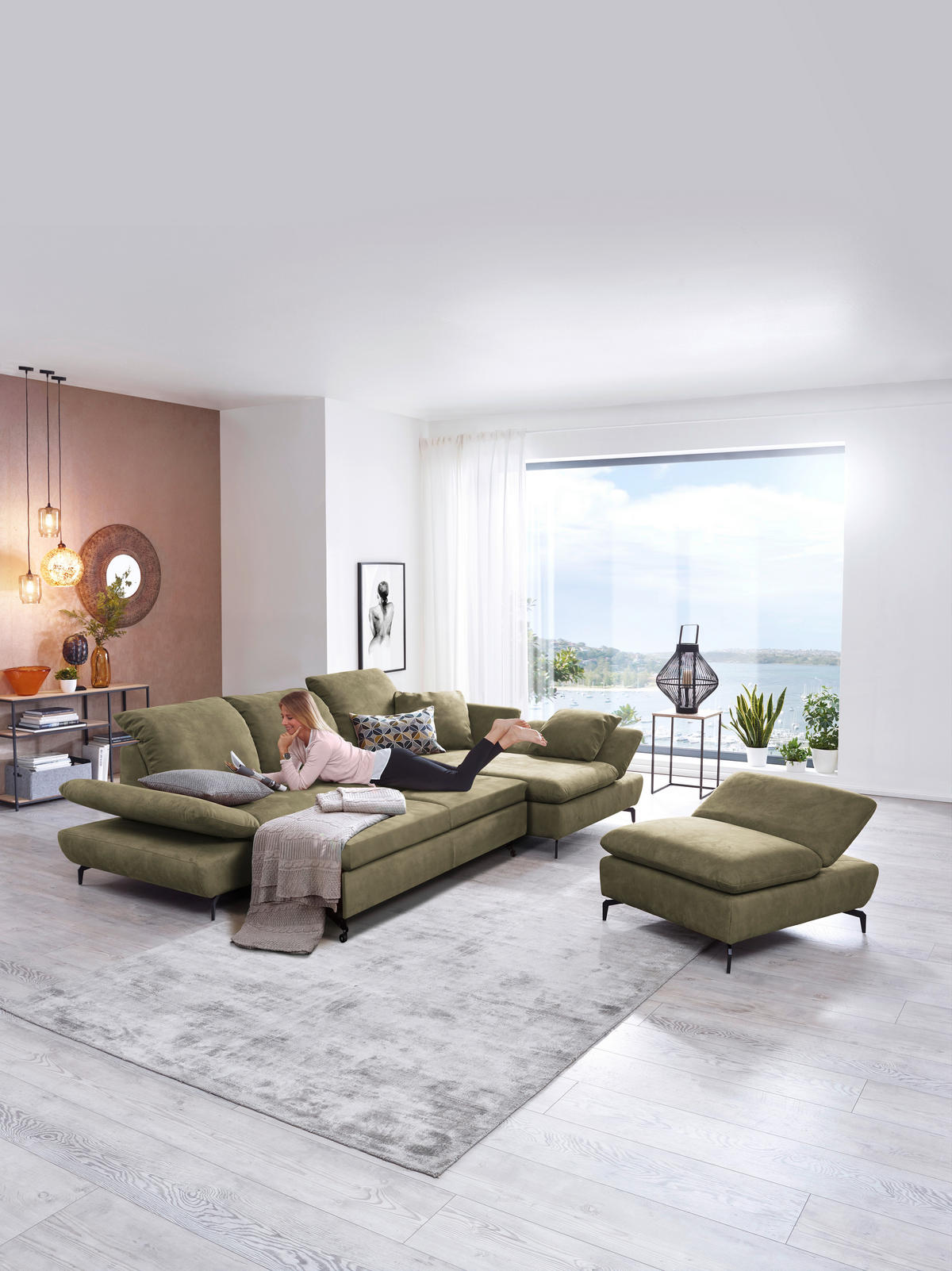 ECKSOFA in Flachgewebe Olivgrün  315/200 cm  - Schwarz/Olivgrün, Design, Textil/Metall (315/200cm) - Chilliano