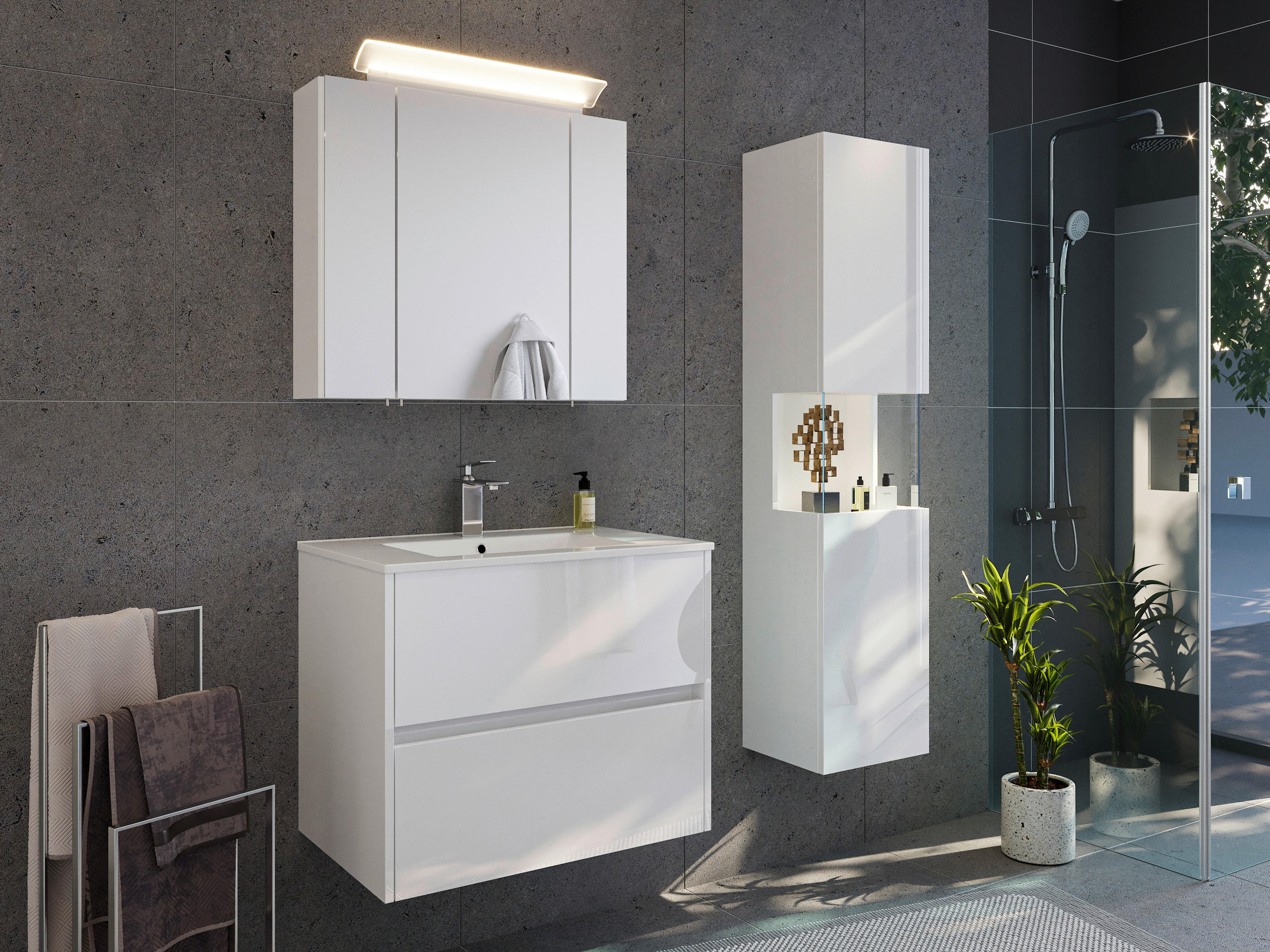 BADEZIMMER 3-teilig  in 70 cm  - Weiß Hochglanz/Weiß, Basics, Keramik/Holzwerkstoff (70cm) - MID.YOU