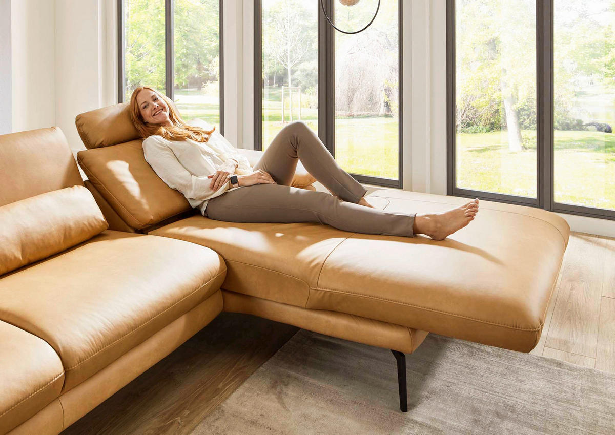 ECKSOFA Honig Echtleder  - Schwarz/Honig, Design, Leder/Metall (180/310cm) - Dieter Knoll