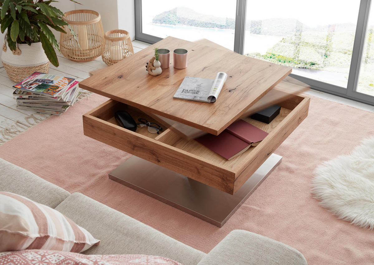 KLUBSKA MIZA, 75/38/75 cm barve hrasta  - barve nerjavečega jekla/barve hrasta, Design, kovina/leseni material (75/38/75cm) - Valnatura