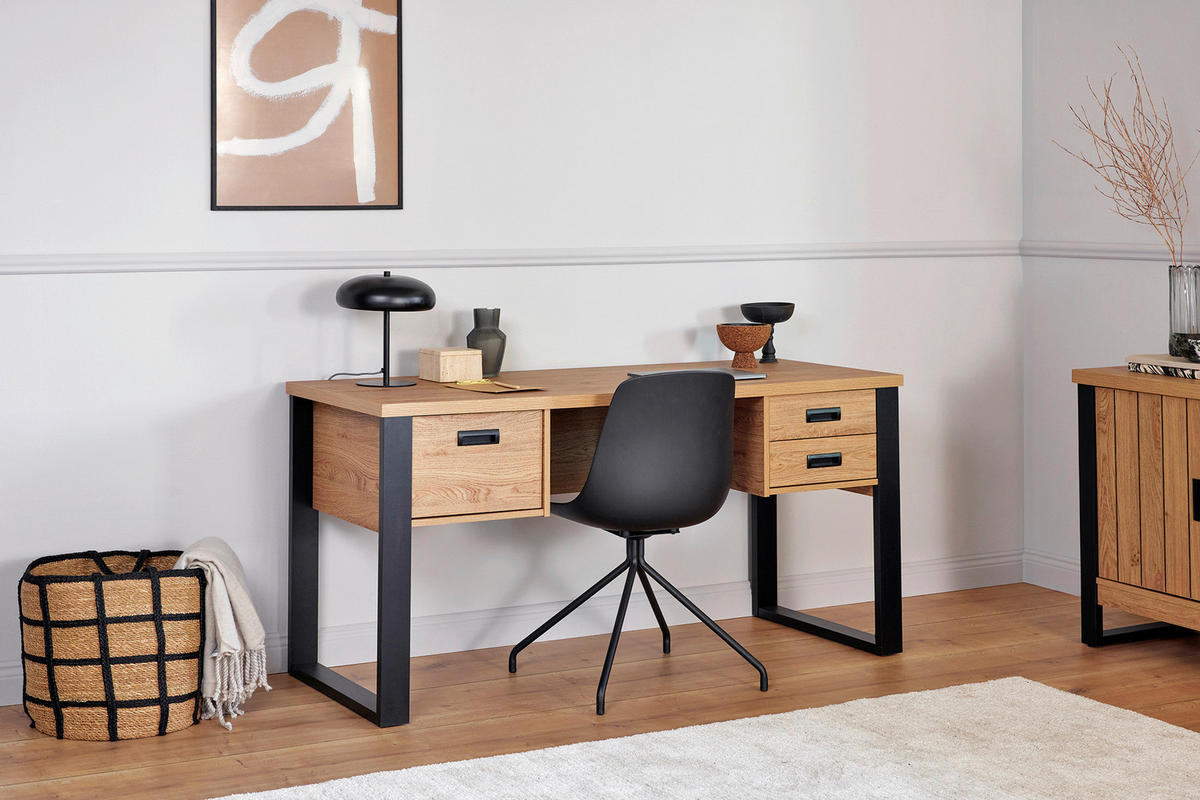 SCHREIBTISCH 150/59/76 cm  in Schwarz, Eichefarben  - Eichefarben/Schwarz, MODERN, Holzwerkstoff/Metall (150/59/76cm) - Livetastic
