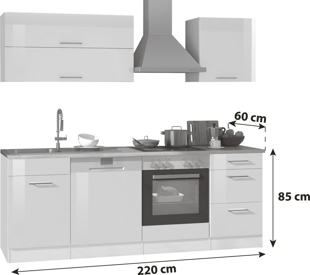 KÜCHENBLOCK 220 cm   in Anthrazit, Eichefarben, Anthrazit Hochglanz  - Chromfarben/Eichefarben, MODERN, Holzwerkstoff/Metall (220cm) - Held