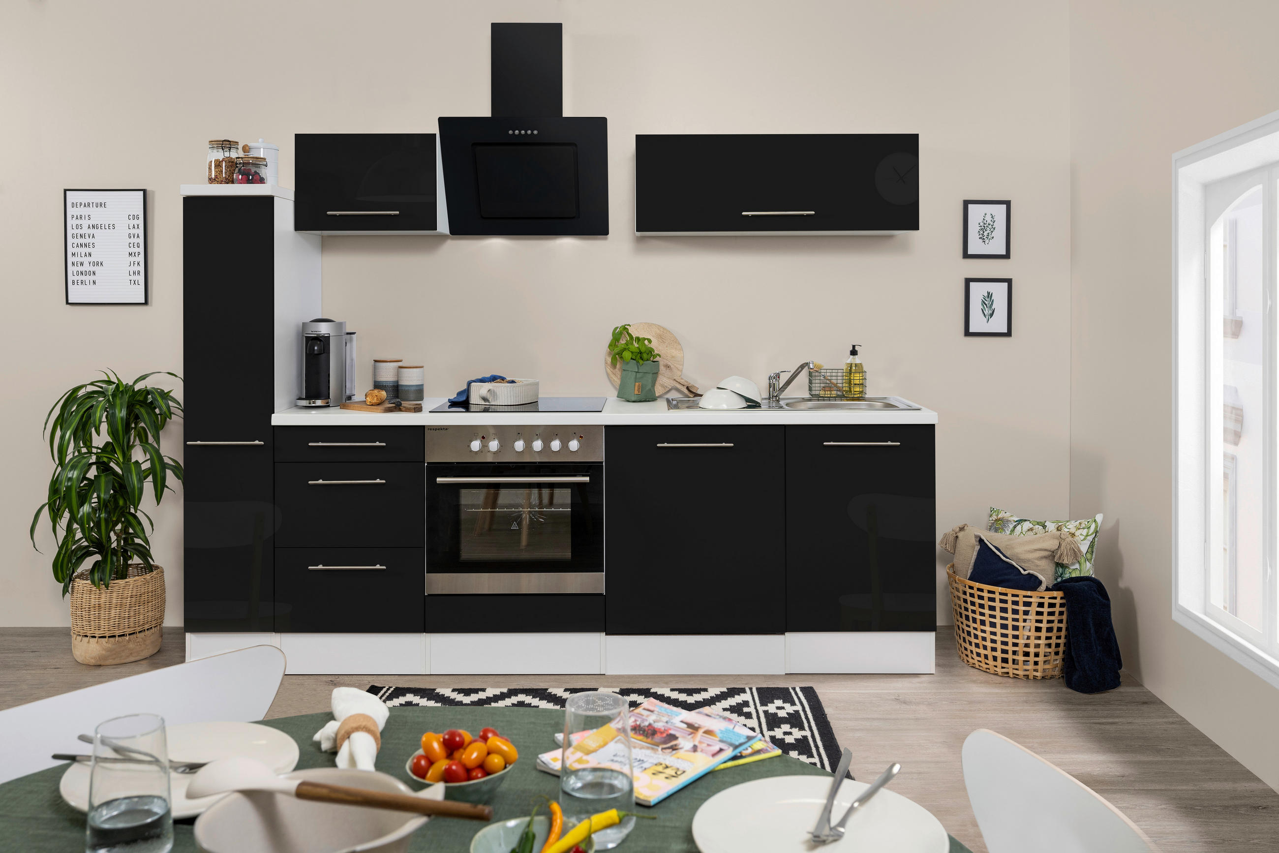 KÜCHENBLOCK 250 cm in Schwarz, Weiß - Alufarben/Schwarz, KONVENTIONELL (250cm) - Respekta