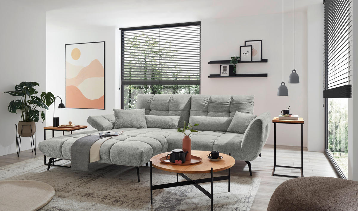 ECKSOFA Hellgrau Flachgewebe Rücken echt, Sitztiefenverstellung  - Hellgrau/Schwarz, KONVENTIONELL, Textil/Metall (211/273cm) - SetOne by Musterring