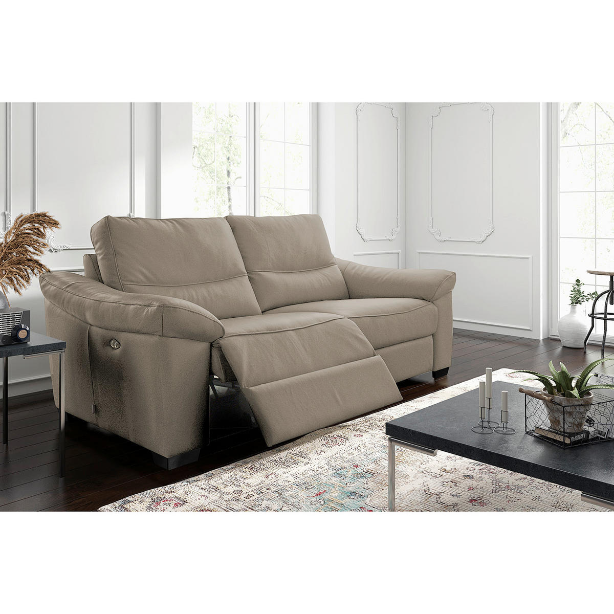 2,5-SITZER  in Echtleder Grau   - Schwarz/Grau, Design, Leder/Holz (214/97/97cm) - Livetastic