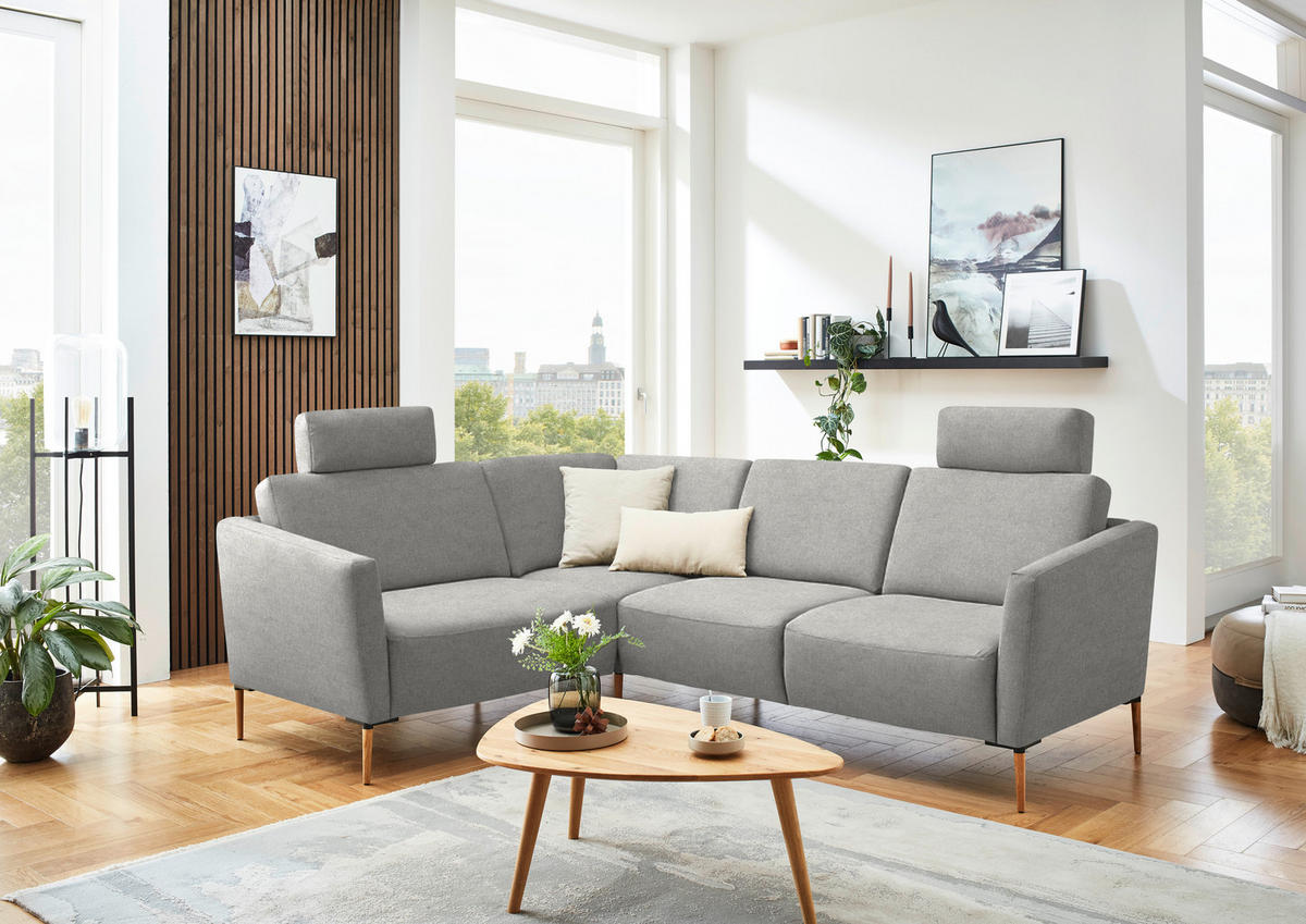 ECKSOFA  in Flachgewebe Hellgrau  189/236 cm  - Eichefarben/Hellgrau, Design, Holz/Textil (189/236cm) - Valnatura