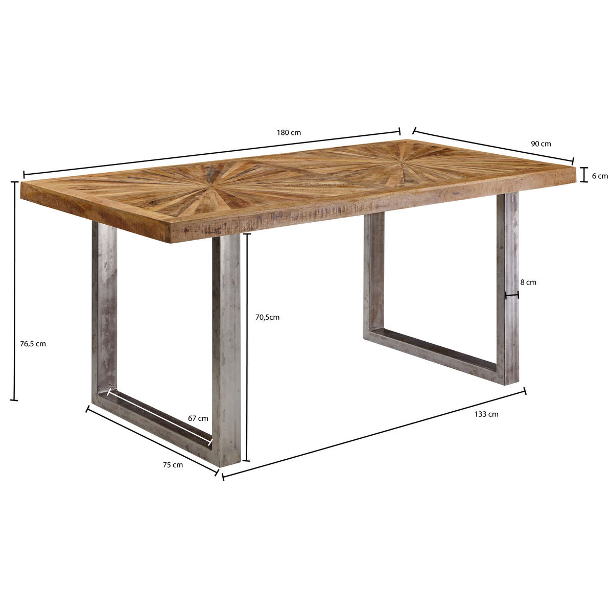 ESSTISCH Mangoholz massiv rechteckig Braun  - Silberfarben/Braun, Design, Holz/Metall (180/90/76,5cm) - MID.YOU