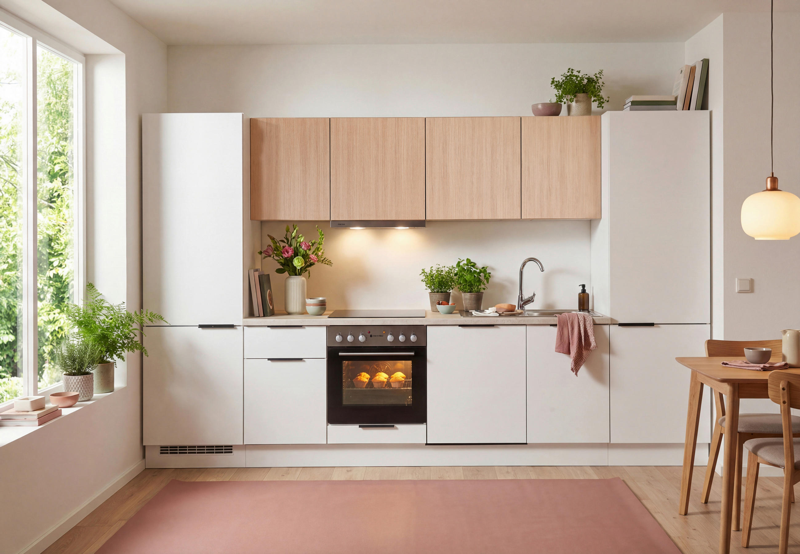 KÜCHENBLOCK 340 cm  in Weiß, Eichefarben  - Eichefarben/Beige, Design, Holzwerkstoff/Metall (340cm) - P & B