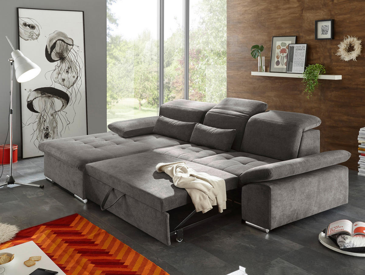 ECKSOFA Dunkelgrau Mikrovelours  - Dunkelgrau/Silberfarben, KONVENTIONELL, Kunststoff/Textil (188/276cm) - MID.YOU
