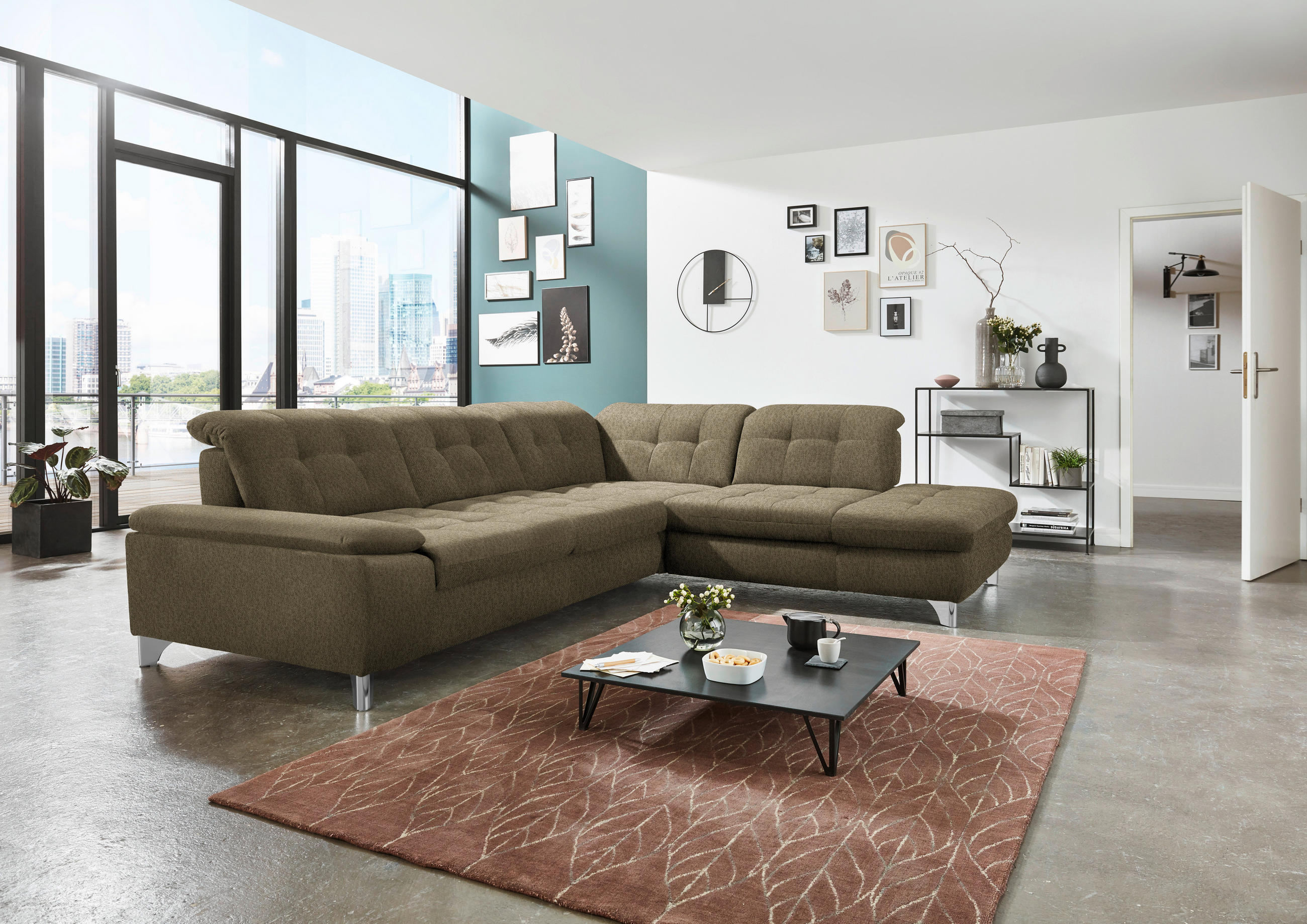 ECKSOFA in Chenille Olivgrün  310/260 cm  - Chromfarben/Olivgrün, Design, Textil/Metall (310/260cm) - Beldomo Speed