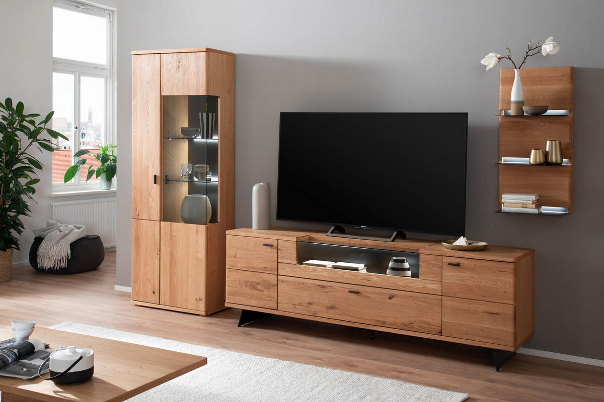 WOHNWAND 3-teilig  in Eichefarben 320/209/50 cm  - Eichefarben/Anthrazit, Natur, Glas/Holz (320/209/50cm) - Linea Natura