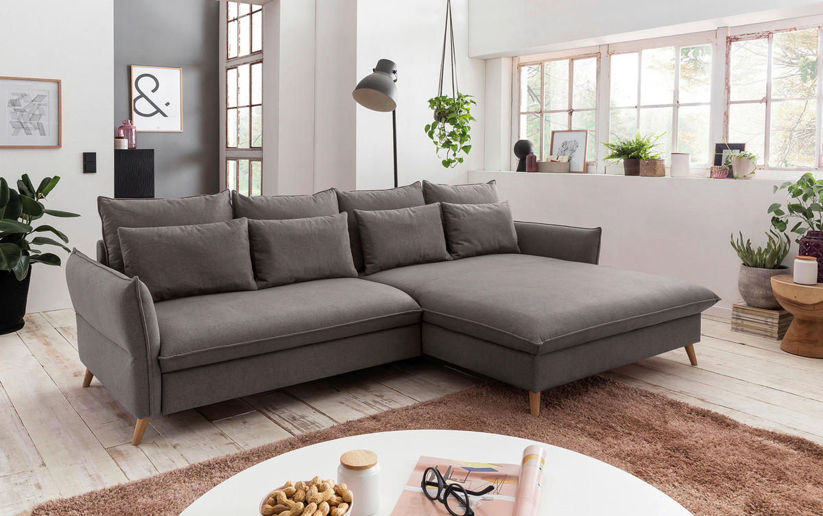 ECKSCHLAFSOFA  mit seitenverkehrt erhältlich, Rücken echt, Armteil links, Armteil rechts, Stoffauswahl, Schlafen auf Sitzhöhe Flachgewebe Hellbraun  - Hellbraun/Buchefarben, Design, Holz/Textil (274/170cm) - Livetastic