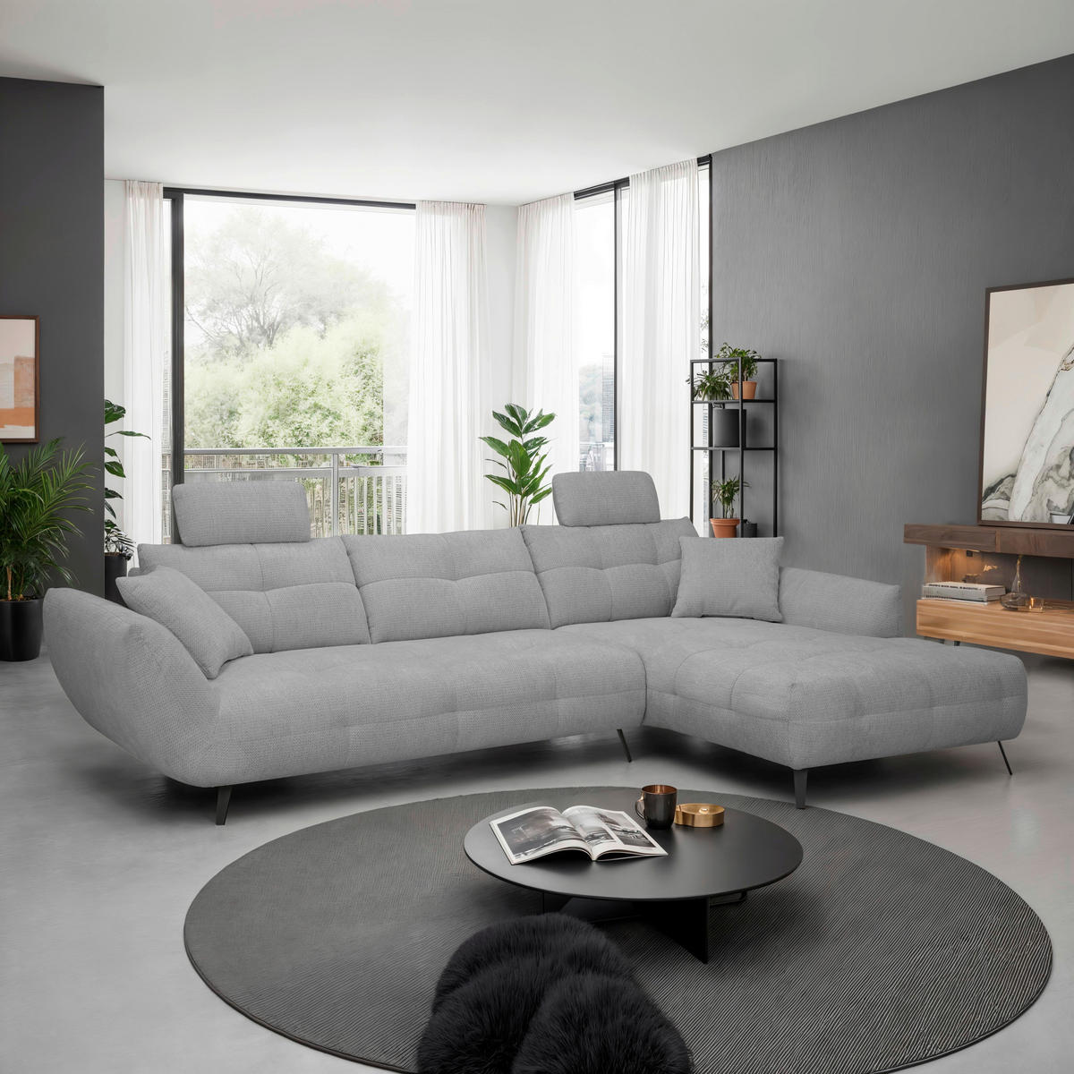 ECKSOFA Grau Chenille Armlehnenkissen, Rücken echt, Sitztiefenverstellung  - Schwarz/Grau, KONVENTIONELL, Textil/Metall (313/215cm) - Hom`in