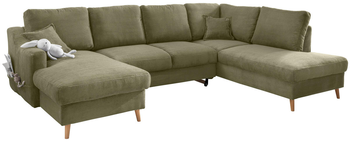 WOHNLANDSCHAFT Olivgrün Cord  - Naturfarben/Olivgrün, KONVENTIONELL, Holz/Textil (150/301/200cm) - P & B