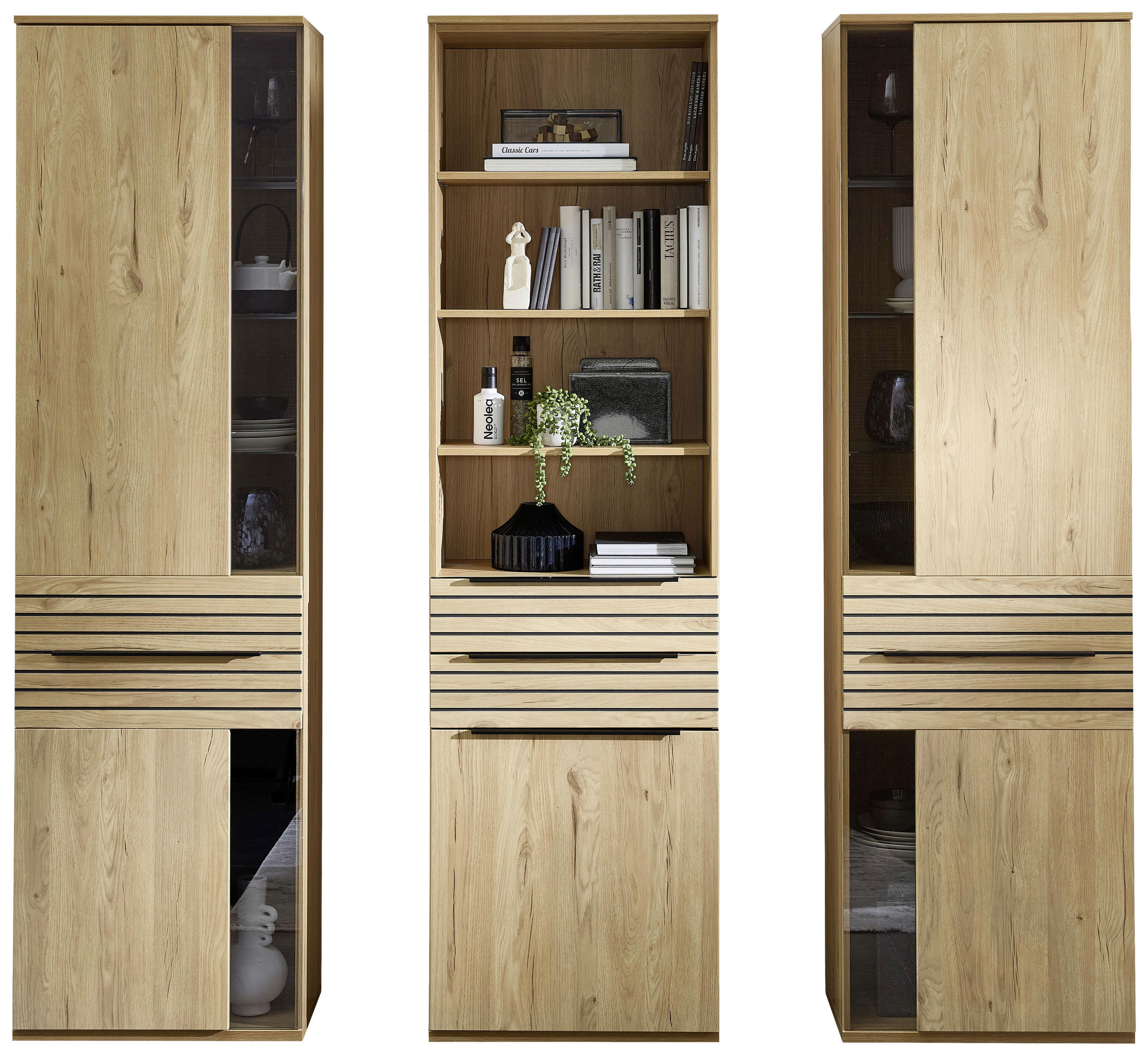 VITRINENKOMBINATION  in Eichefarben - Eichefarben/Schwarz, KONVENTIONELL, Glas/Holzwerkstoff (240/215/40cm) - Venda