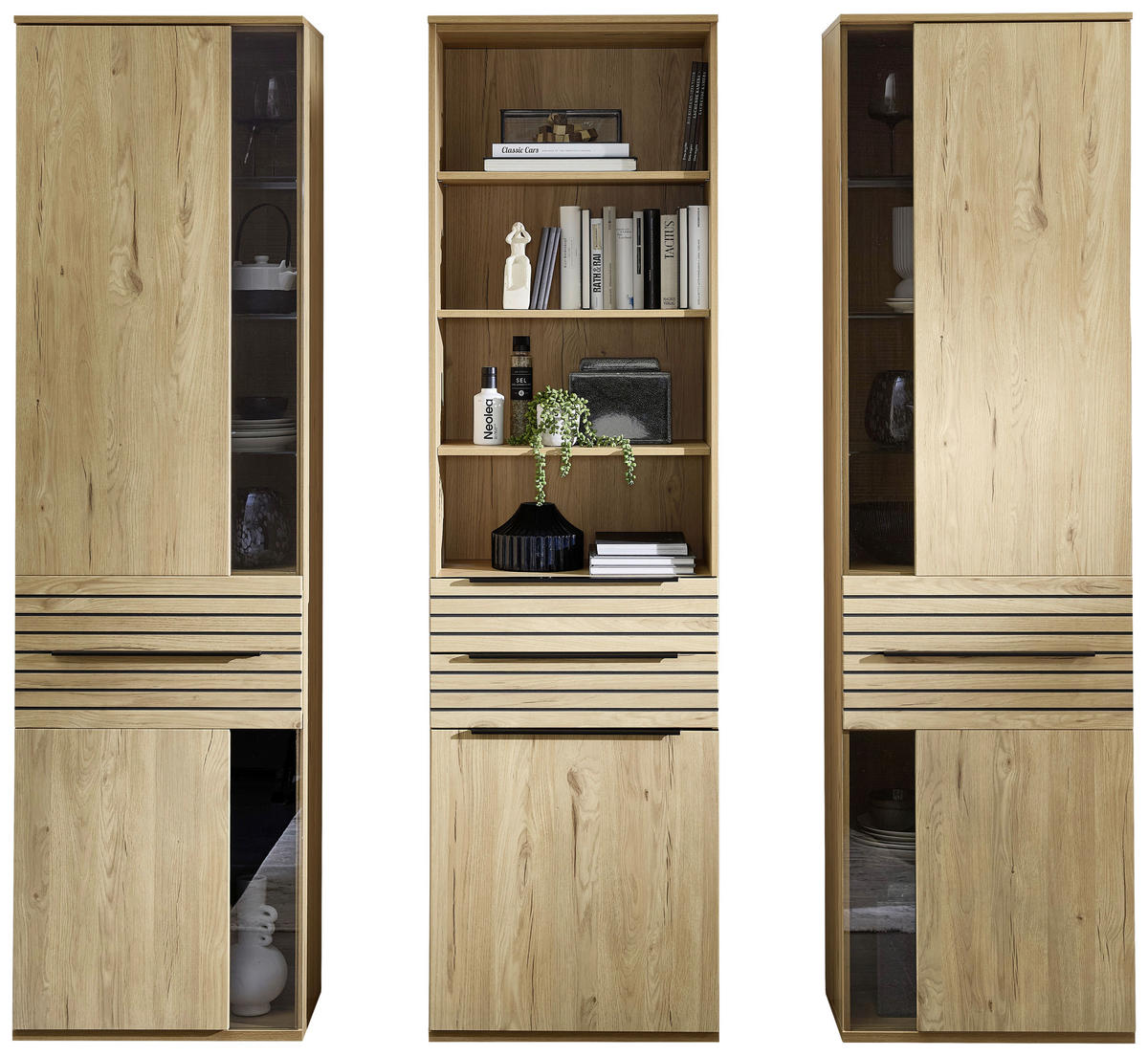 VITRINENKOMBINATION  in Eichefarben - Eichefarben/Schwarz, KONVENTIONELL, Glas/Holzwerkstoff (240/215/40cm) - Venda