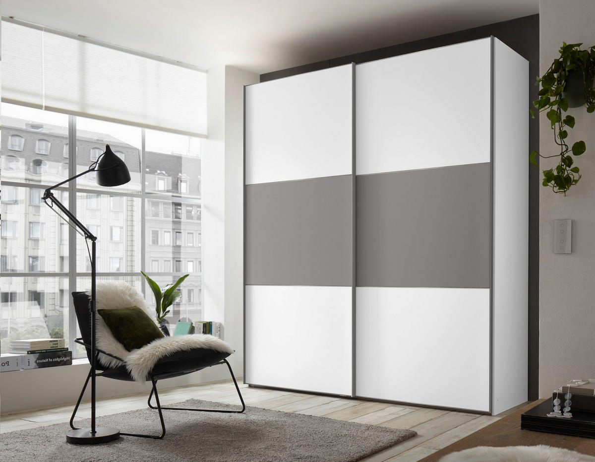 SCHWEBETÜRENSCHRANK  in Weiß, Hellgrau  - Hellgrau/Alufarben, KONVENTIONELL, Holzwerkstoff/Metall (167/222/68cm) - Moderano