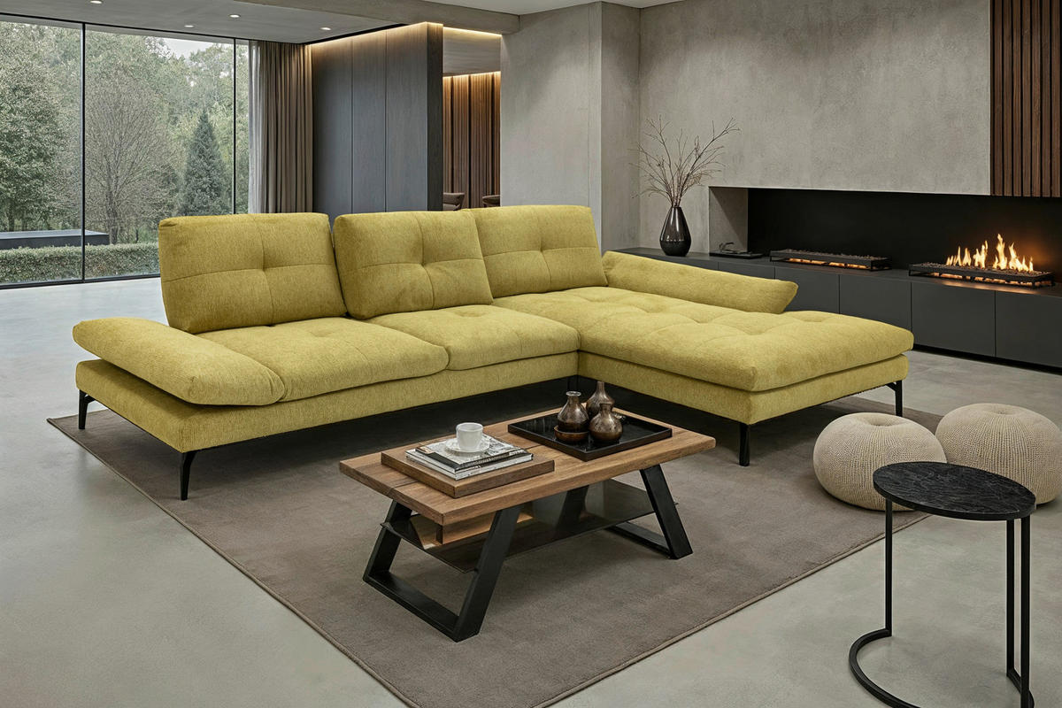 ECKSOFA Hellgelb Struktur Rücken echt, Armteilverstellung, Sitztiefenverstellung  - Hellgelb/Schwarz, Design, Textil/Metall (340/203cm) - Chilliano